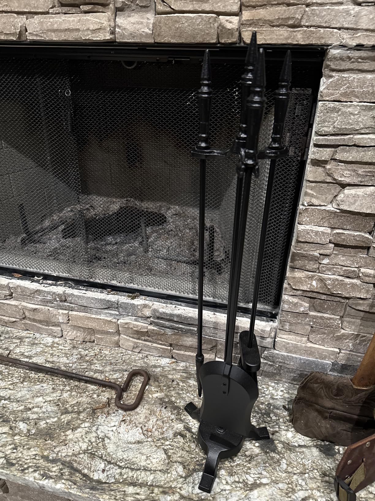 FEED GARDEN Fireplace Tools Set 5 Pieces, 30 Inch Modern Wrought Iron Outdoor Fireplace Accessories Set Long Holder Indoor with Poker, Tongs, Shovel, Brush, Base Black customer photo 1