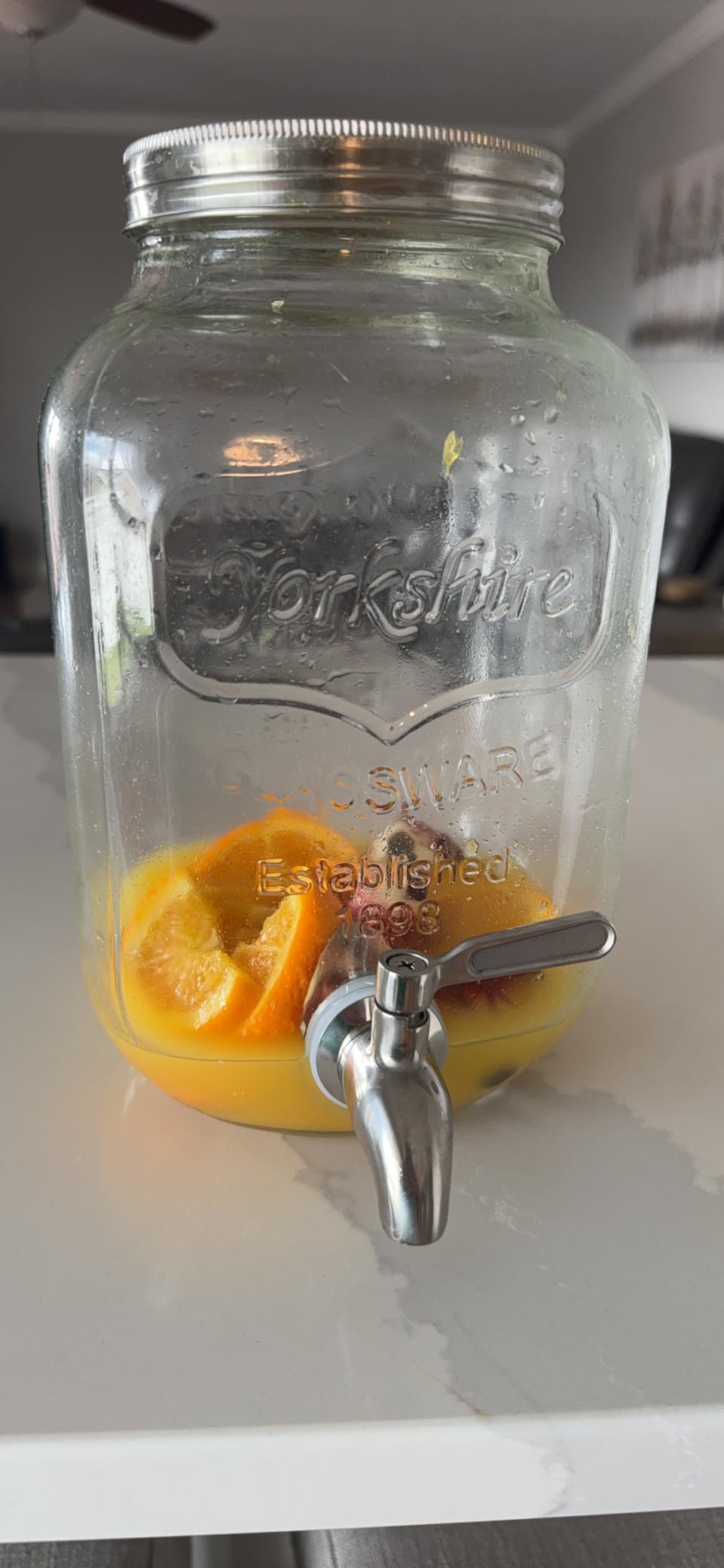 1-Gallon Drink Dispenser. Glass Beverage Dispenser with Stainless steel Spigot plus Ice Cylinder and Fruit Infuser! Water Dispenser, Lemonade Stand, Juice Container - Drink Dispensers for Parties customer photo 2