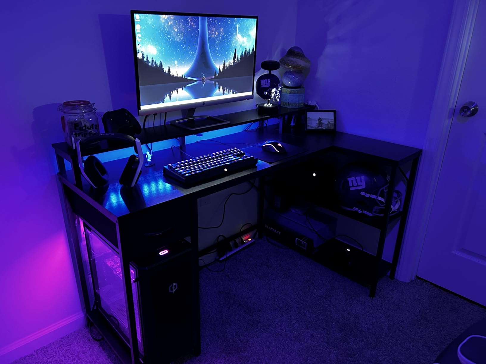SUPERJARE 47 inch L Shaped Gaming Desk with LED Lights & Power Outlets, Reversible Computer Desk with Shelves & Monitor Stand, Corner Desk with Drawer, for Home & Office, Black customer photo 1