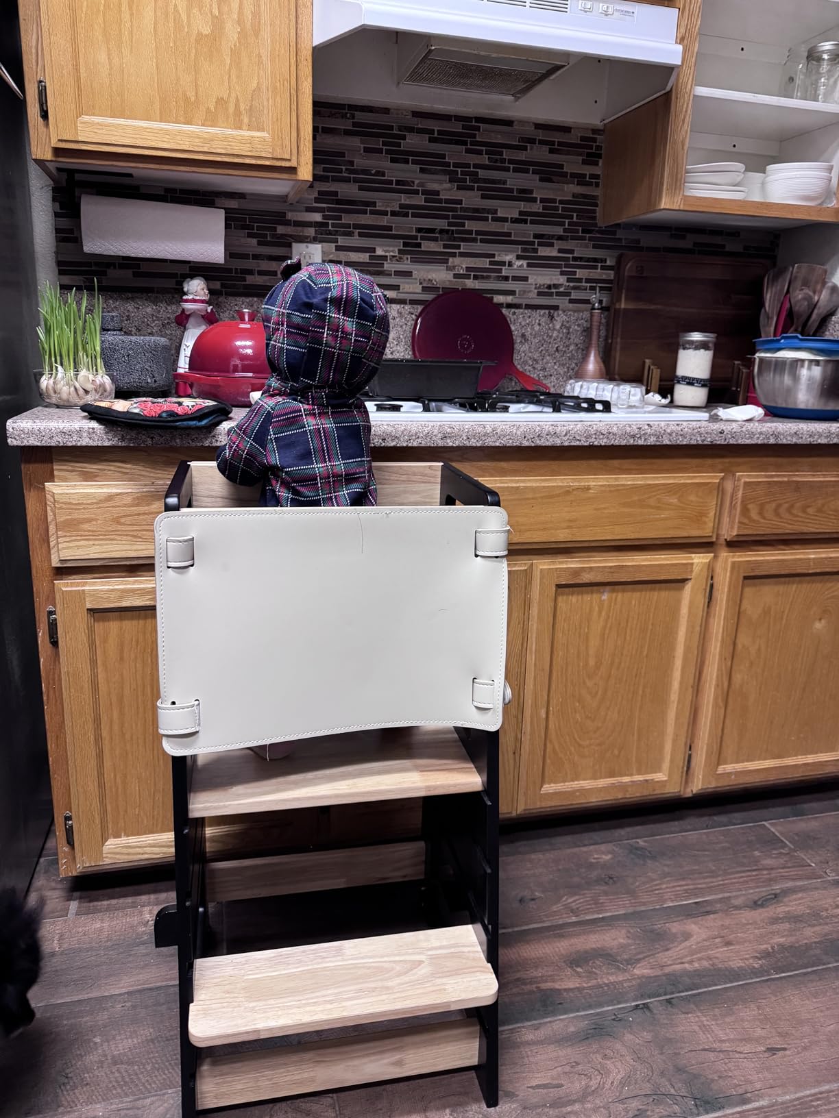 HARPPA Nordo Toddler Kitchen Learning Helper with Adjustable Height and Anti-Slip Protection, Kids Standing Tower with Safety Rail, Wooden Kids Tower with Learning Chalkboard, White customer photo 2