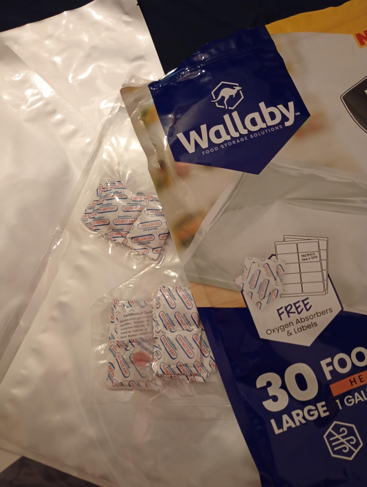 Wallaby 100ct Multi-Size Mylar Bags, 400cc Oxygen Absorbers, 10 Mil Thickness, 1-Gal 10x14, 1-Qt 8x12, 1/2-Pt 6x8, Heat-Sealable, Airtight, Flat, Silver, for Long-Term Food Storage. customer photo 1