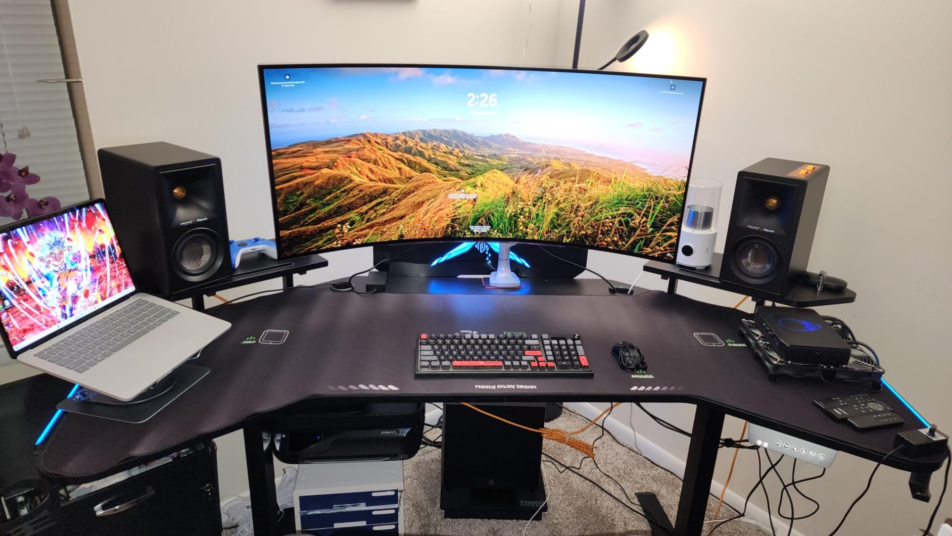 JWX Dual Motor Standing Gaming Desk with Aluminum Alloy Led Lights, 72'' Wing Shaped Large Gaming Studio Music Desk with Slot Design Shelves, for Streamer, Social Media Influencer & Music Recording customer photo 1