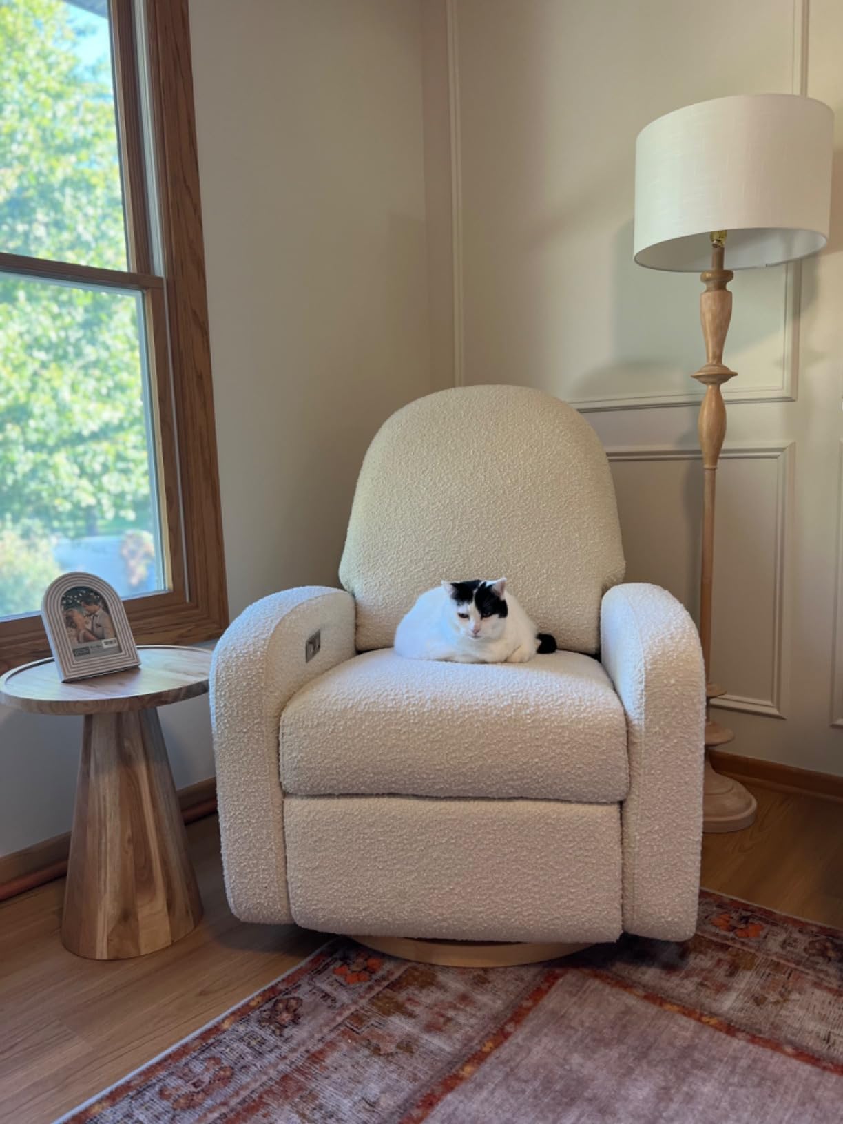 Babyletto Nami Electronic Power Recliner and Swivel Glider with USB Port in Ivory Boucle with Light Wood Base, Greenguard Gold and CertiPUR-US Certified customer photo 2