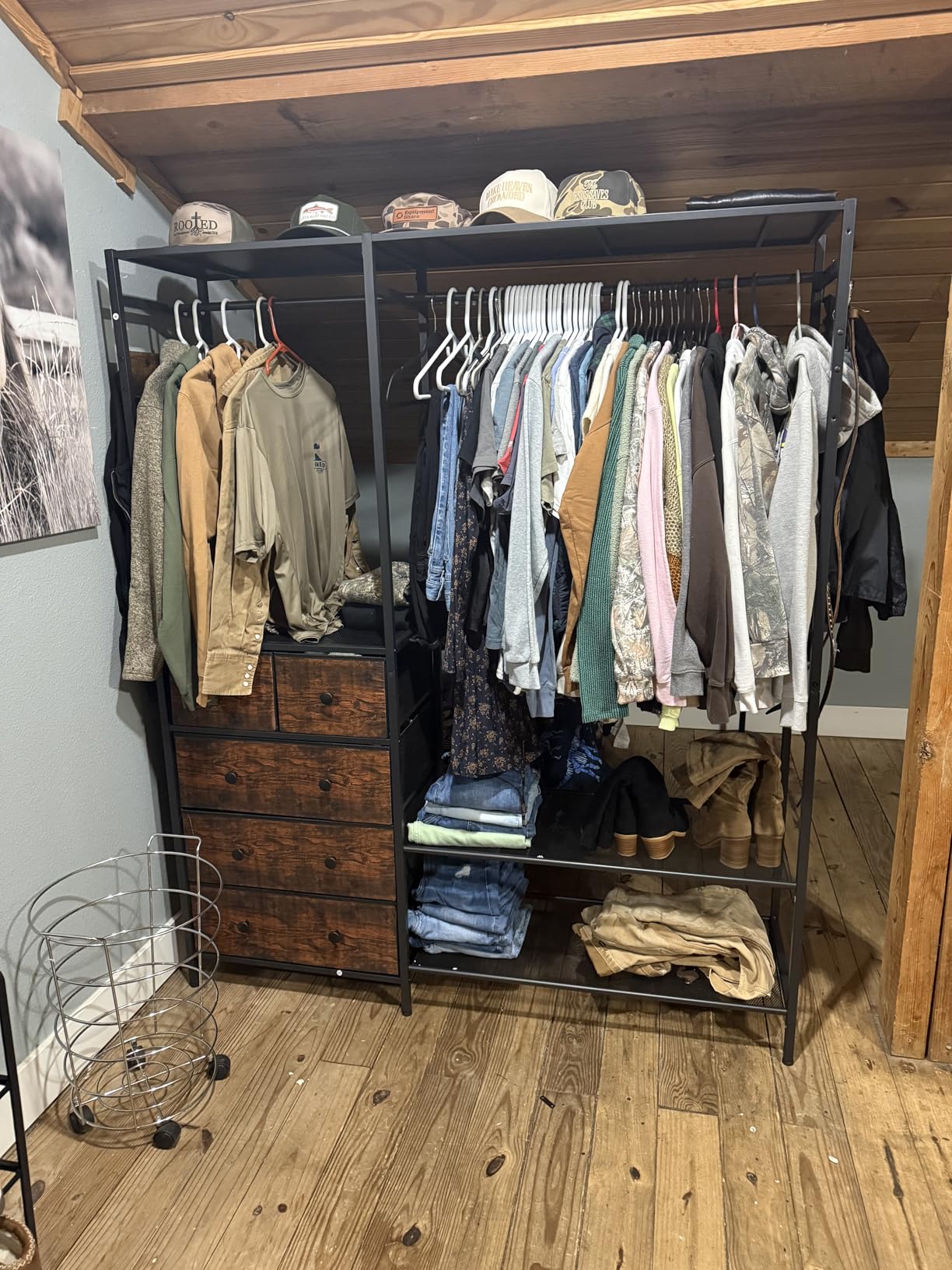 Auromie Clothes Rack with 5 Drawers & 4 Storage Shelves, 59.1W*70.9H Heavy Duty Clothing Rack with 2 Hanging Rods, Wardrobe Closet Organizer System with 5 Hooks, Freestanding Garment Rack (Rustic) customer photo 2