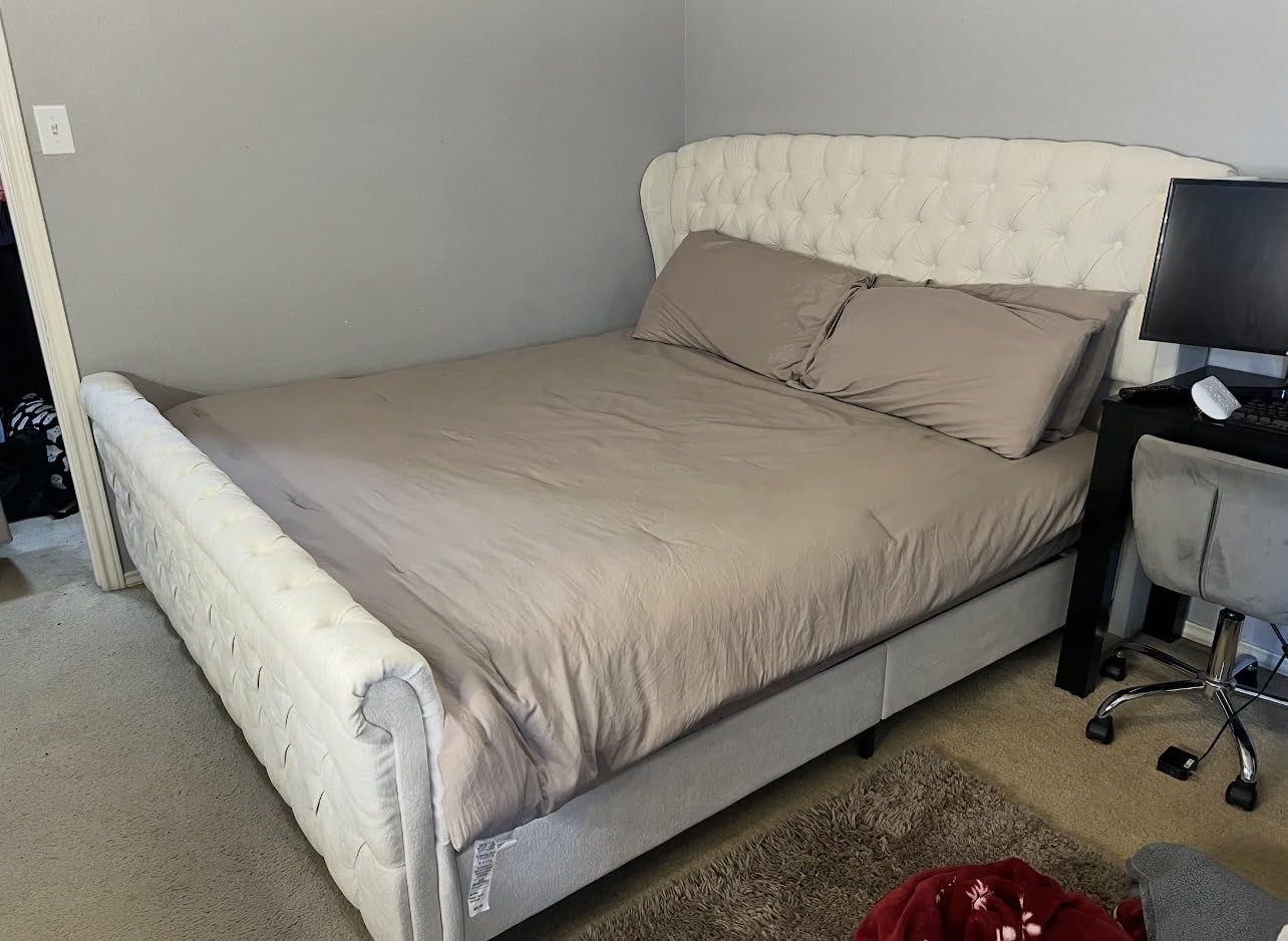 AMERLIFE Queen Size Platform Bed Frame, Chenille Upholstered Sleigh Bed with Scroll Wingback Headboard & Footboard/Button Tufted/No Box Spring Required/Cream customer photo 1