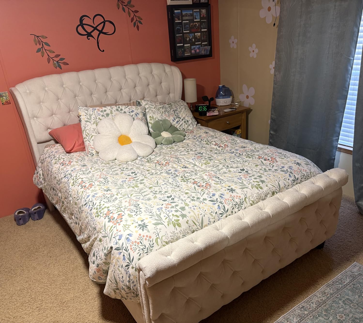 AMERLIFE Queen Size Platform Bed Frame, Chenille Upholstered Sleigh Bed with Scroll Wingback Headboard & Footboard/Button Tufted/No Box Spring Required/Cream customer photo 2