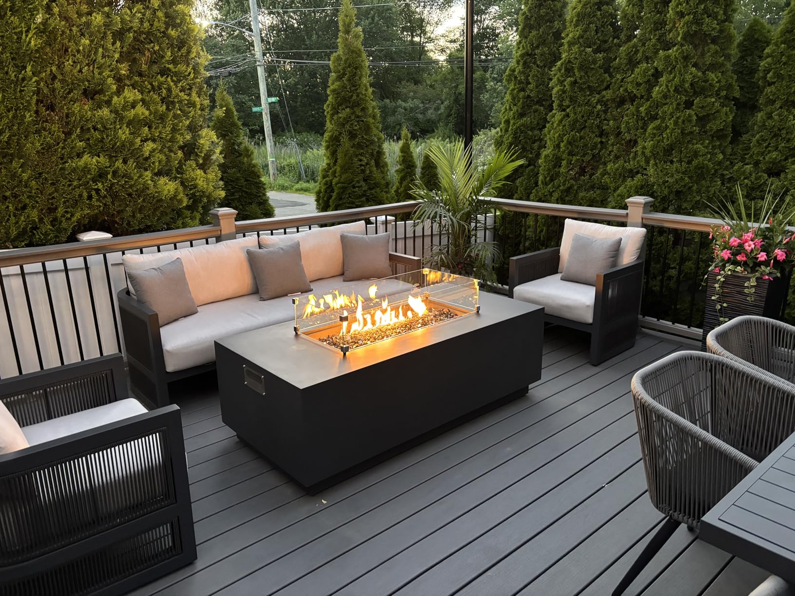 AMS Fireplace Genuine Concrete Rectangular Propane Fire Pit Table for Outside Patio (66