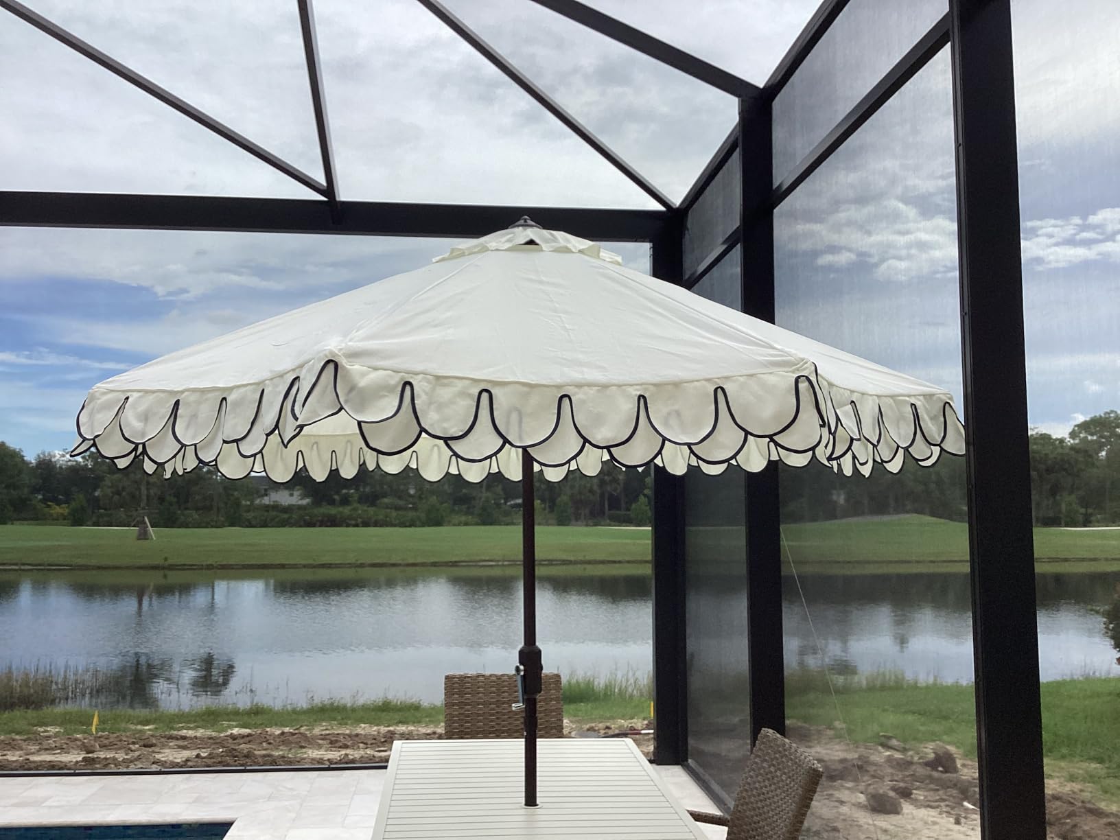 SAFAVIEH 9ft Outdoor Patio Umbrella, Round, Valance, Baby Blue & White Trim, Auto Crank Tilt, UV Resistant for Deck, Backyard, Poolside (PAT8006U) customer photo 1