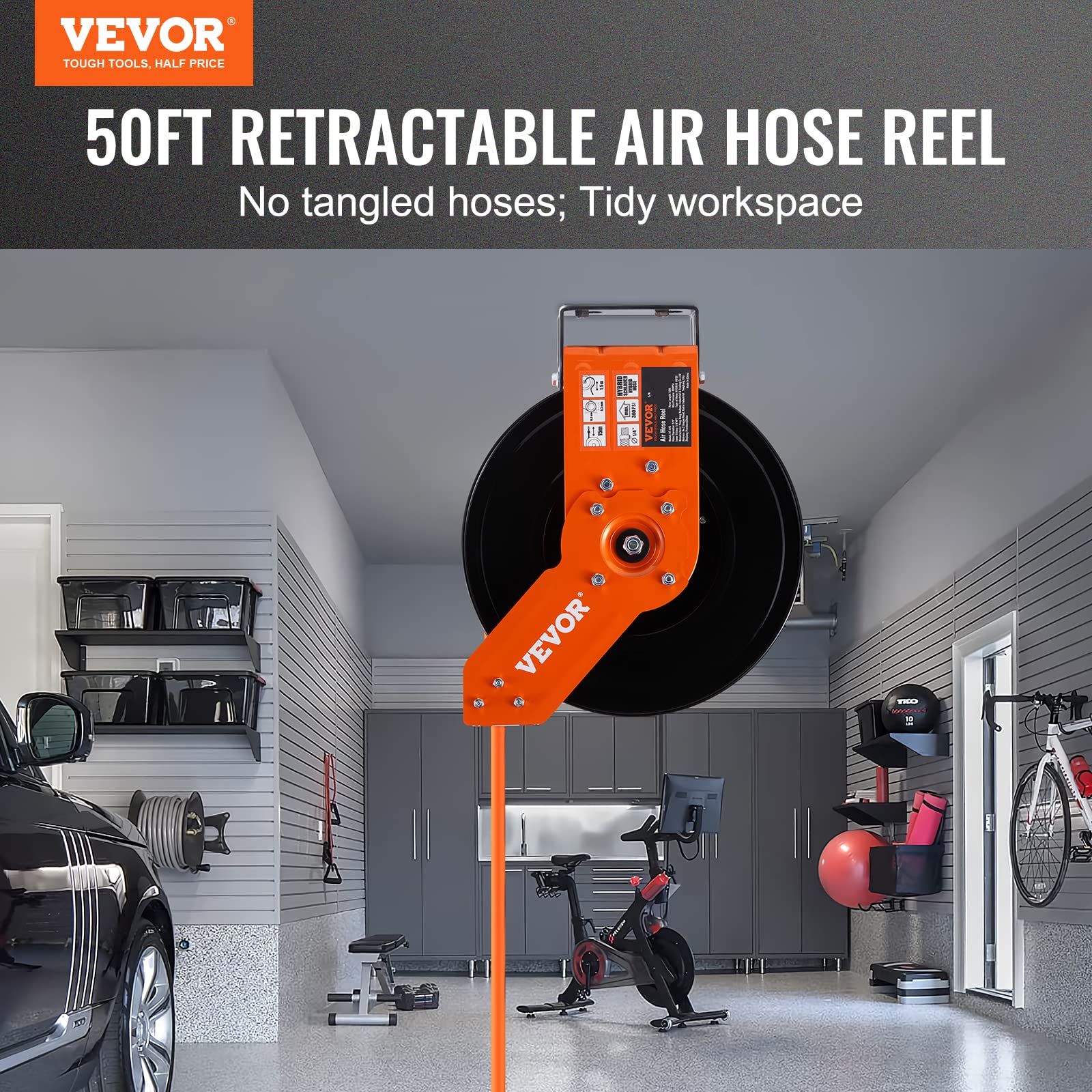 VEVOR Retractable Air Hose Reel, 3/8 IN x 50 FT Hybrid Air Hose Max 300PSI, Air Compressor Hose Reel with 5 ft Lead in, Ceiling/Wall Mount Heavy Duty Single Arm Steel Reel customer photo 2