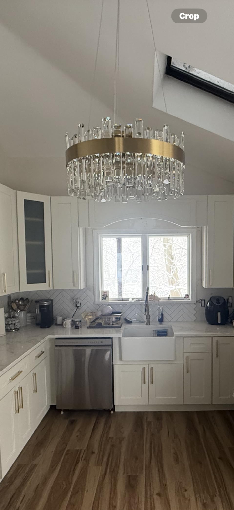 Siljoy 23.6'' Modern Crystal Chandelier, Luxury 2-Tiers Raindrop K9 Crystal Adjustable Flush Mount Hanging Ceiling Light for Dining Living Room Kitchen Entryway Foyer, E12 x 12, Matte Black customer photo 1