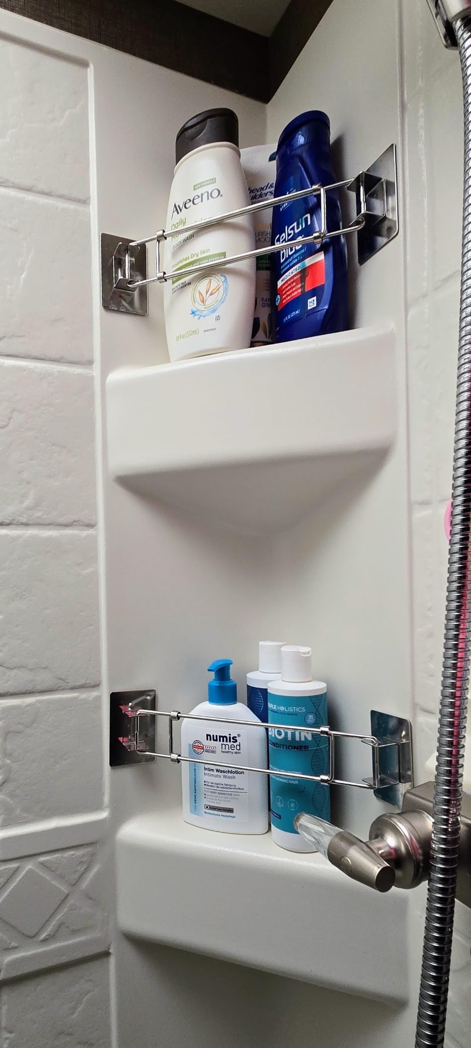 RV Shower Corner Storage Bar, Adjustable Stainless Steel Travel Trailer Bathroom Organizer, Camper Bath Accessories for Securing Toiletries - 2 Pack customer photo 2