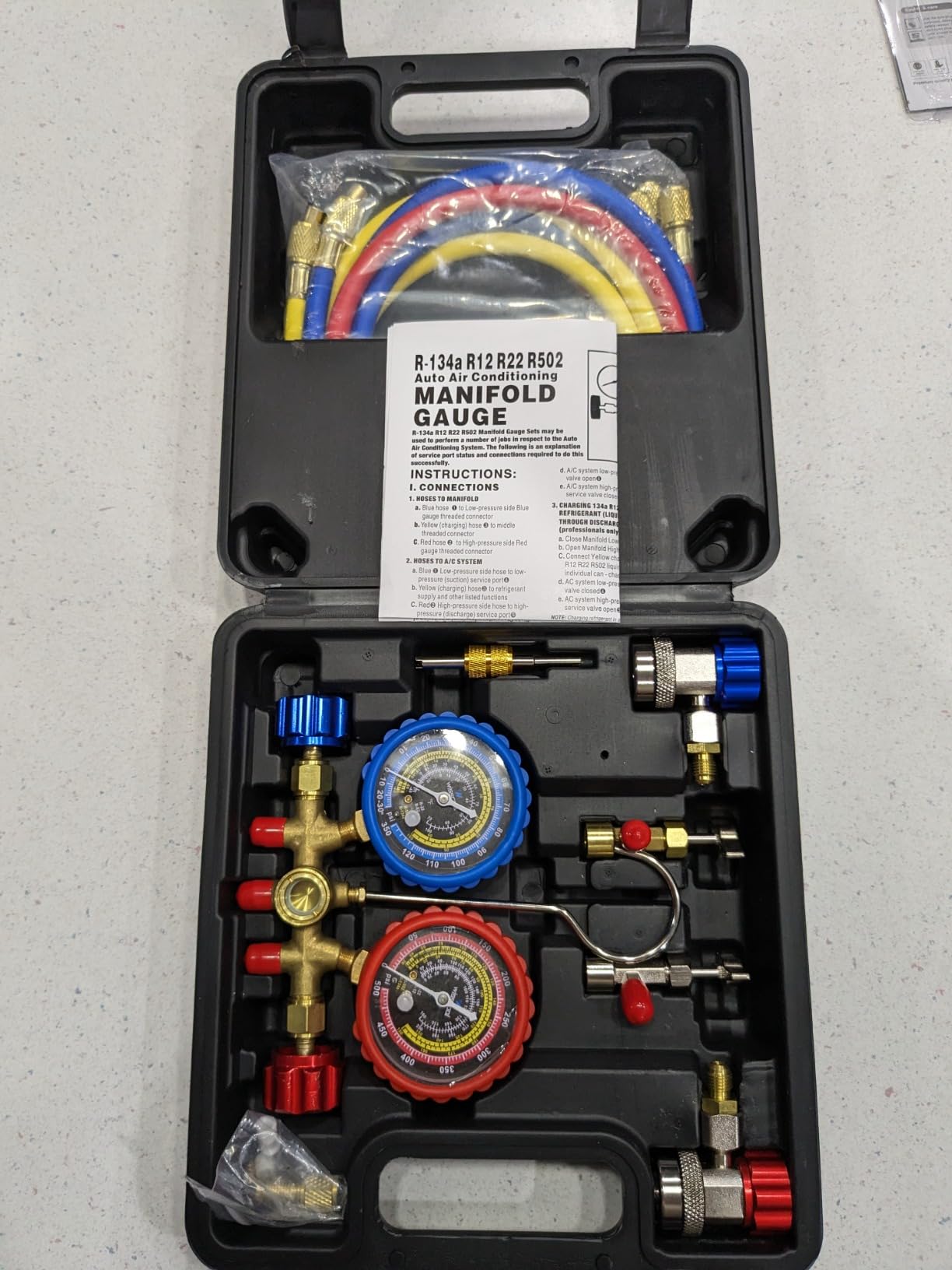 AC Gauges HVAC Manifold Gauge Set for R134 R22 R12 R502, with 5ft Hoses Couplers Adapters Puncturing Can Tap Tools for R134a Refrigerants Charging and Evacuation customer photo 2