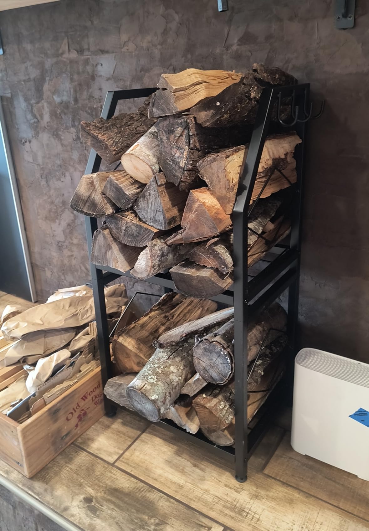 Firewood Rack for Indoor, 2-Tier Firewood Holder with 3 Hanging Hooks, Heavy Duty Wood Rack for Outdoor Patio, Black customer photo 1