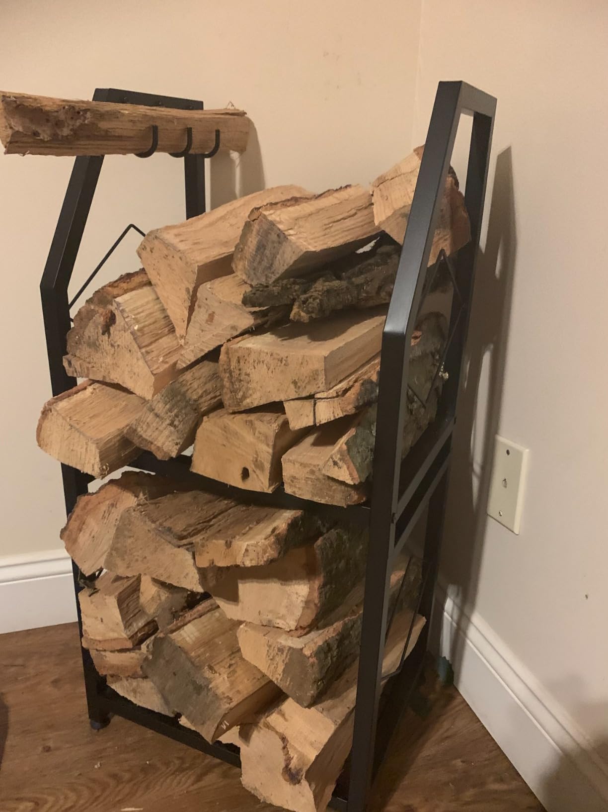 Firewood Rack for Indoor, 2-Tier Firewood Holder with 3 Hanging Hooks, Heavy Duty Wood Rack for Outdoor Patio, Black customer photo 2