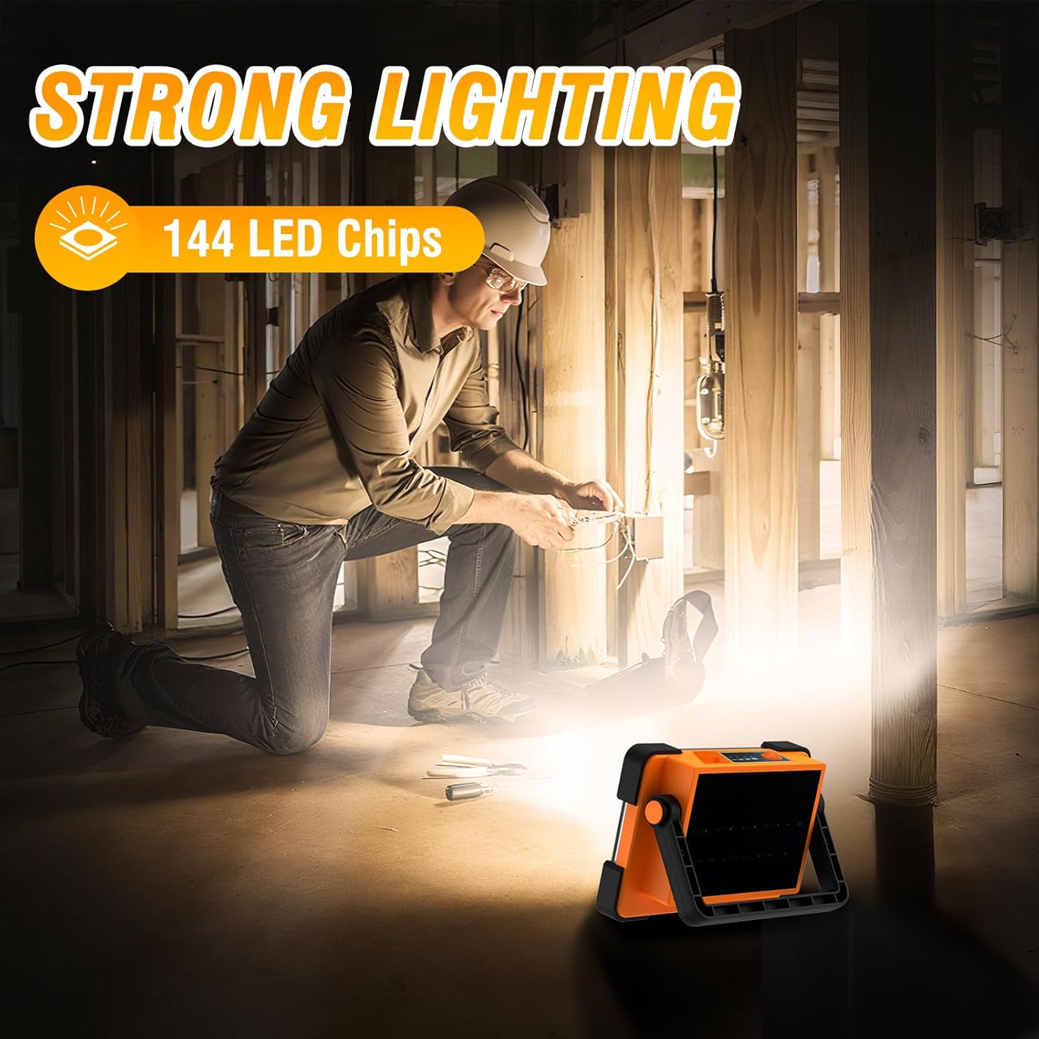 120W Solar Rechargeable Work Light, 144 LED 10000LM Led Work Light with 4 Modes, Portable Flood Light with Stand, IP66 Waterproof Outdoor Working Light for Emergency Mechanic Camping Repair (Yellow) customer photo 2