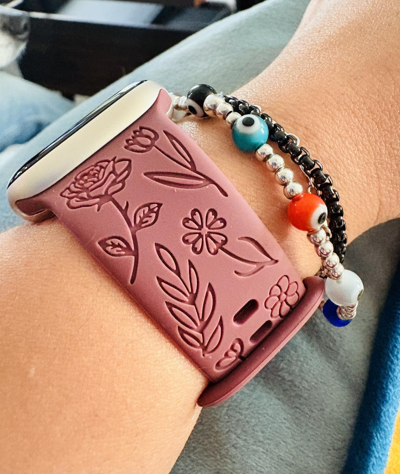 SNBLK 6 Pack Floral Engraved Bands Compatible with Apple Watch Bands 40mm 41mm 42mm 38mm 44mm 45mm 46mm 49mm Women Men, Silicone Flower Pattern Strap for iWatch Series 11 10 Se Ultra 9 8 7 6 5 4 3 2 1 customer photo 2