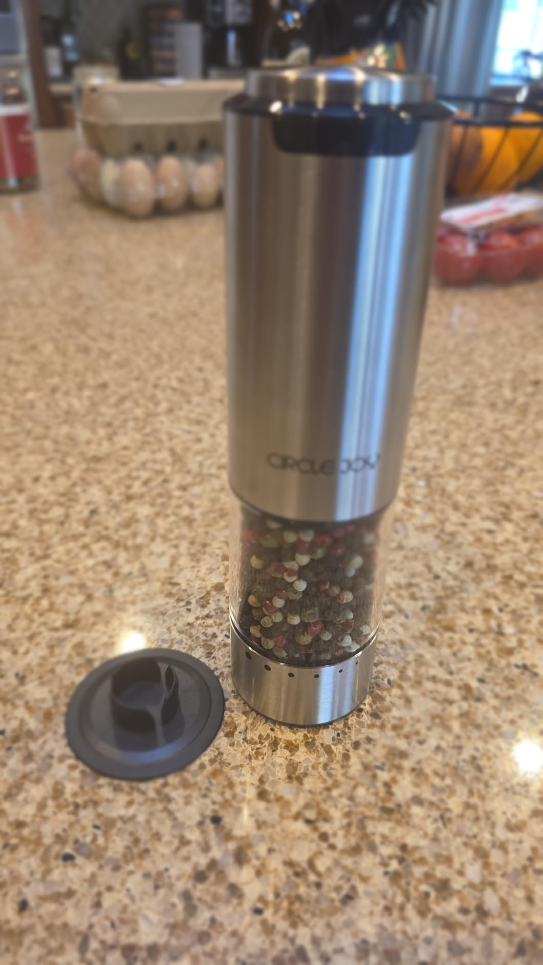 CIRCLE JOY Electric Pepper Grinder Stainless Steel Rechargeable Pepper Mill with External Adjustable Coarseness, 95ml Container and White LED Light, Silver customer photo 1