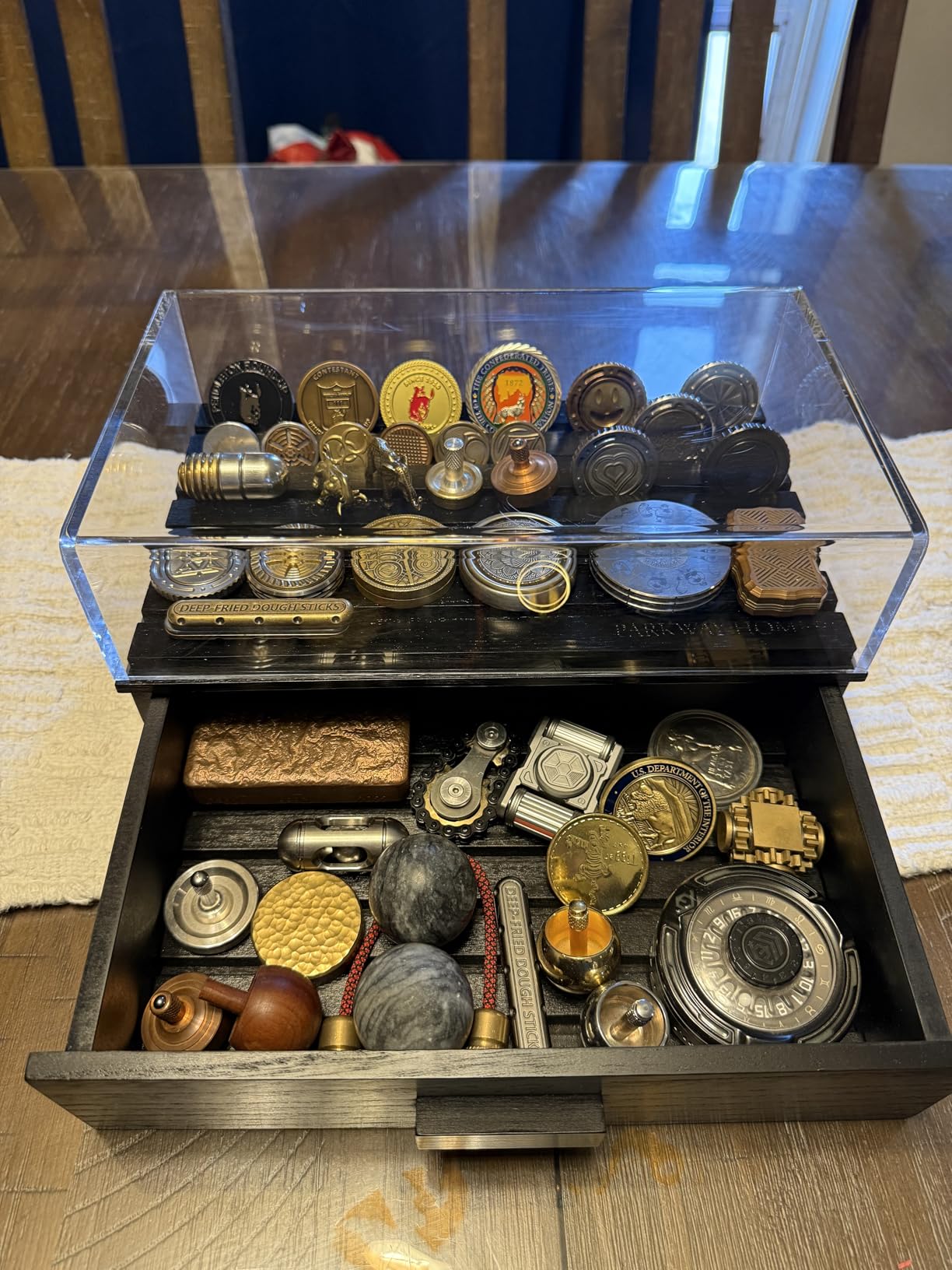 Large Wooden Challenge Coin Display Case with Clear Cover - Military Coin Display Case Holds 36 Coins on Top & 36 in The Storage Drawer - Versatile Coin Stand Holder & Poker Chip Display Case - Brown customer photo 2