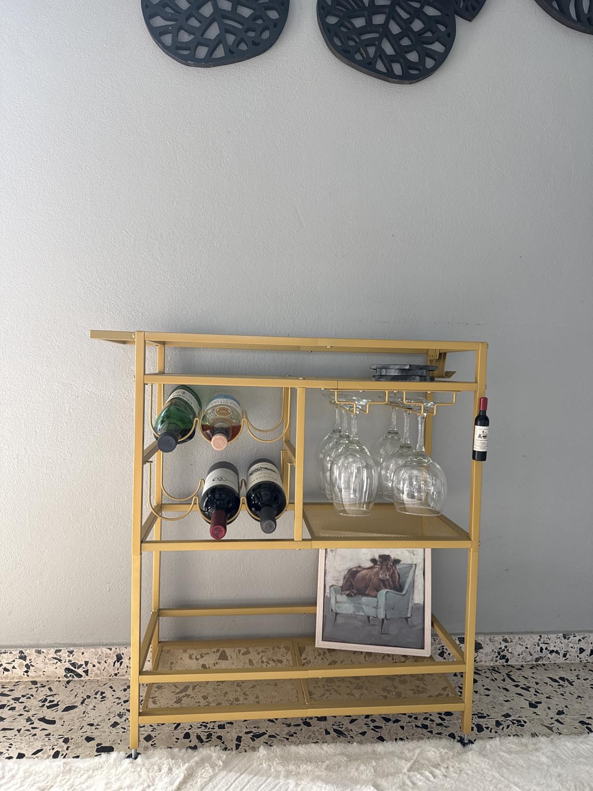 Bar Cart for Home, 3-Tier Serving Cart with Wheels and Handle, Beverage Cart with Wine Rack and Glass Holders, Rolling Wine Cart for Kitchen, Dining Room, Gold RCJ61B01 customer photo 1