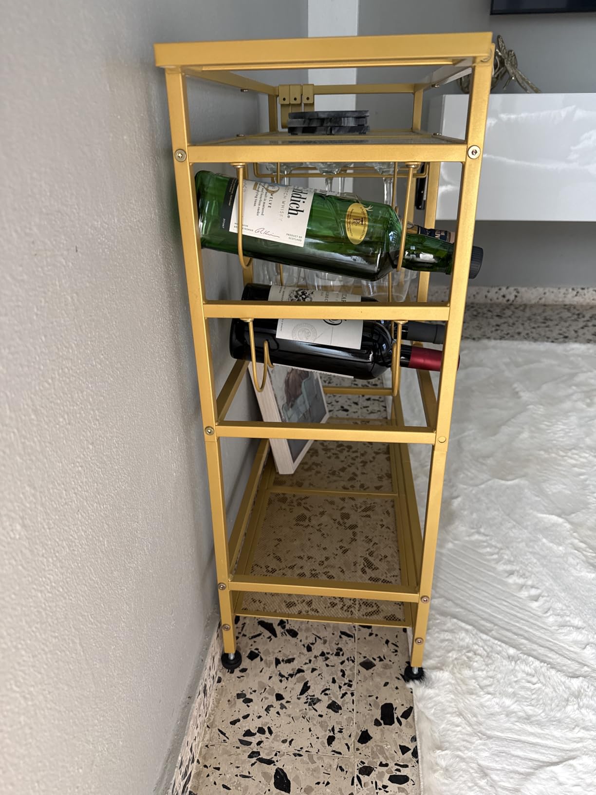 Bar Cart for Home, 3-Tier Serving Cart with Wheels and Handle, Beverage Cart with Wine Rack and Glass Holders, Rolling Wine Cart for Kitchen, Dining Room, Gold RCJ61B01 customer photo 2