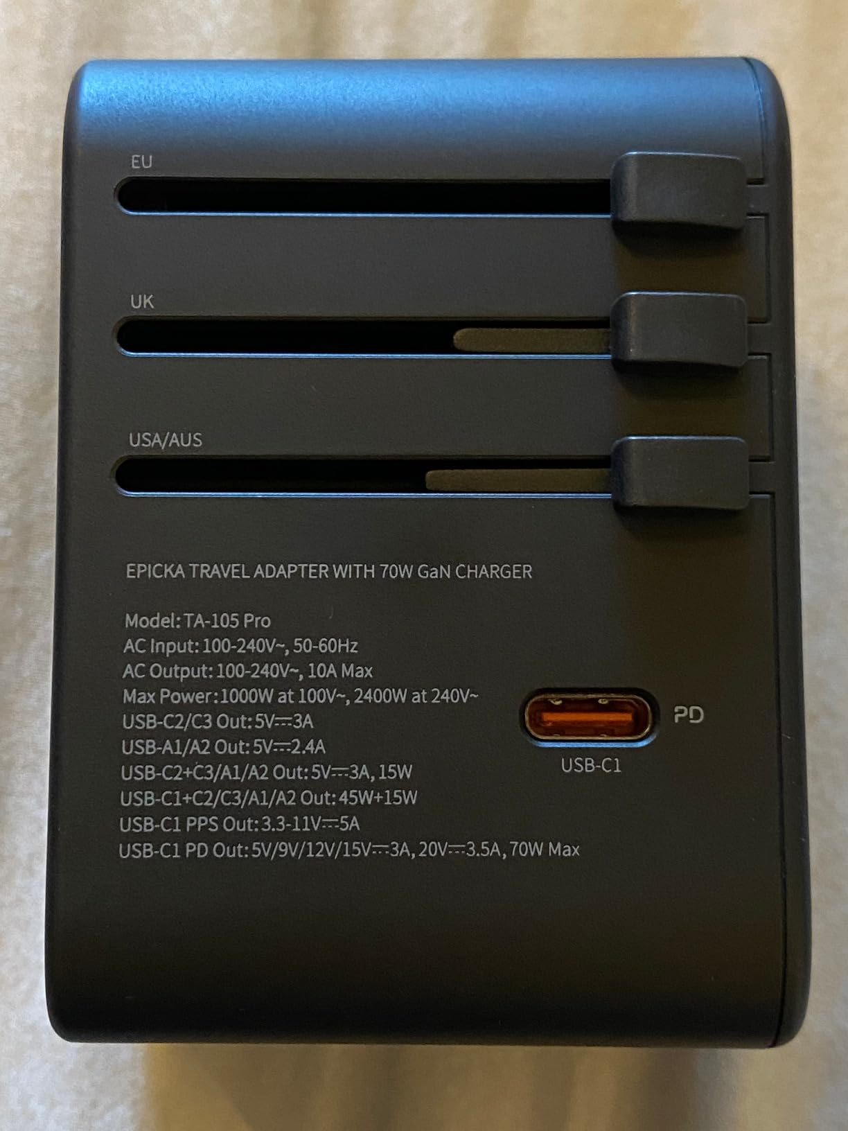 EPICKA Universal Travel Adapter, GaN International Plug Adapter with 3 USB-C 70W PD Fast Charging and 2 USB-A Adaptor All-in-one Wall Charger for USA EU UK AUS (TA-105 Pro, Black) customer photo 2
