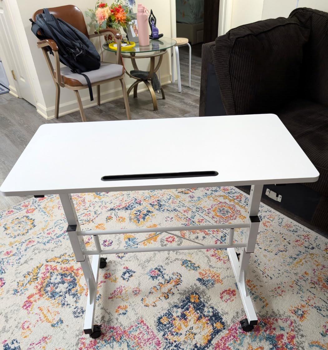 Small Standing Desk Adjustable Height, Mobile Stand Up Desk with Wheels, 32 Inch Portable Rolling Desks Conference Room Tables for Walking Pad Treadmill White customer photo 1