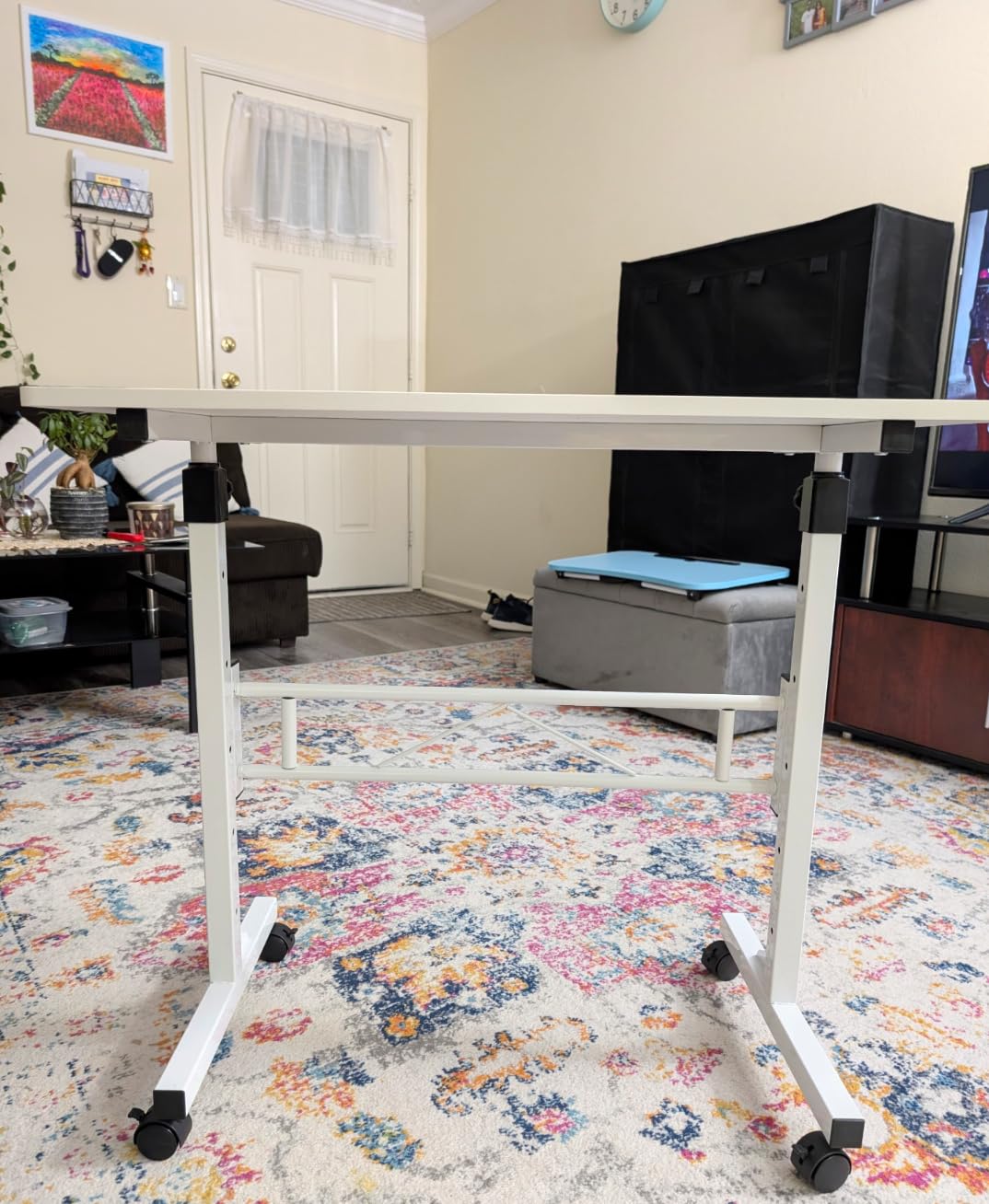 Small Standing Desk Adjustable Height, Mobile Stand Up Desk with Wheels, 32 Inch Portable Rolling Desks Conference Room Tables for Walking Pad Treadmill White customer photo 2