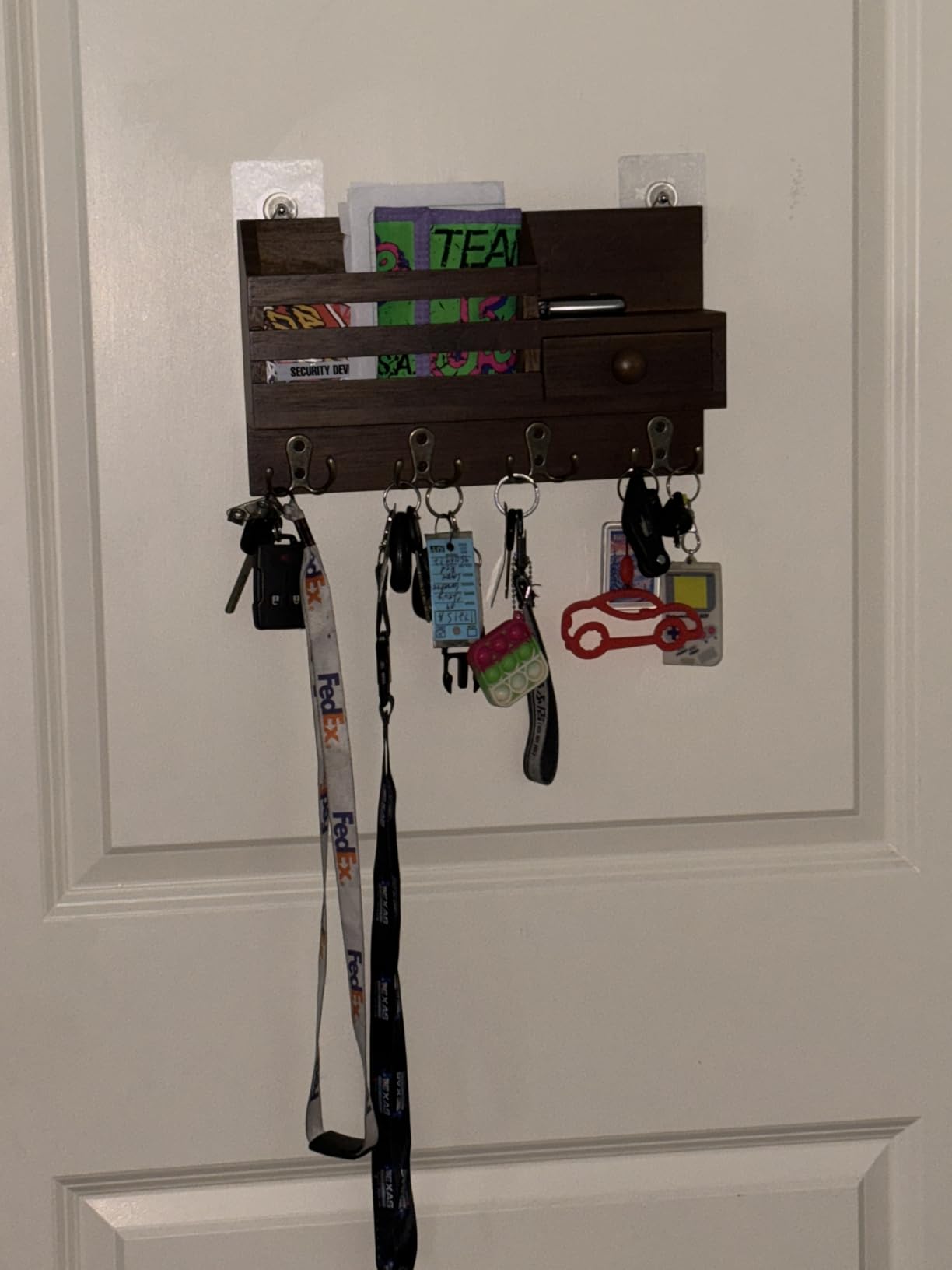 Key Holder Wall Mount, Wooden Adhesive Mail and Key Organizer with Drawer, Small Shelf, 8 Hooks, 2 Installation Methods, Black customer photo 1