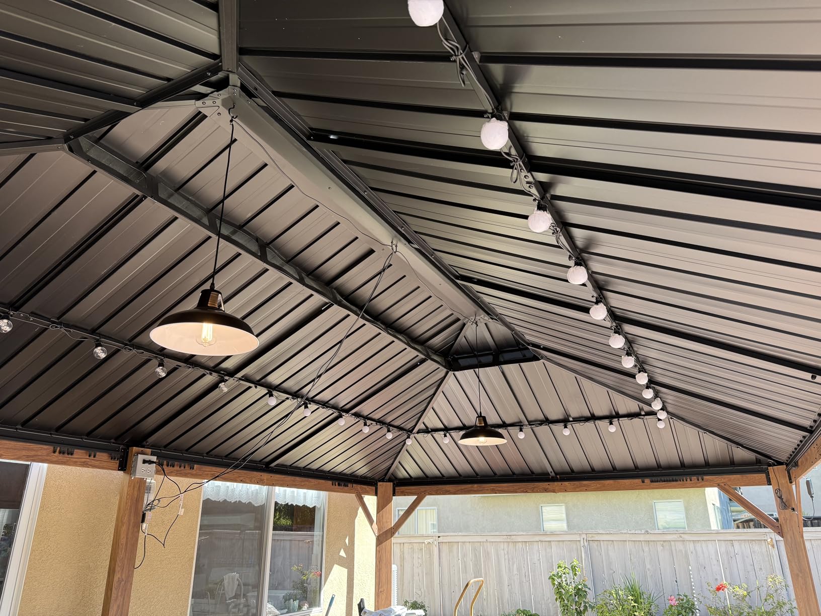 PURPLE LEAF 12' X 18' Outdoor Hardtop Gazebo for Patio Galvanized Steel Double Roof Permanent Canopy Teak Finish Coated Aluminum Frame Pavilion Gazebo with Netting and String Lights customer photo 1