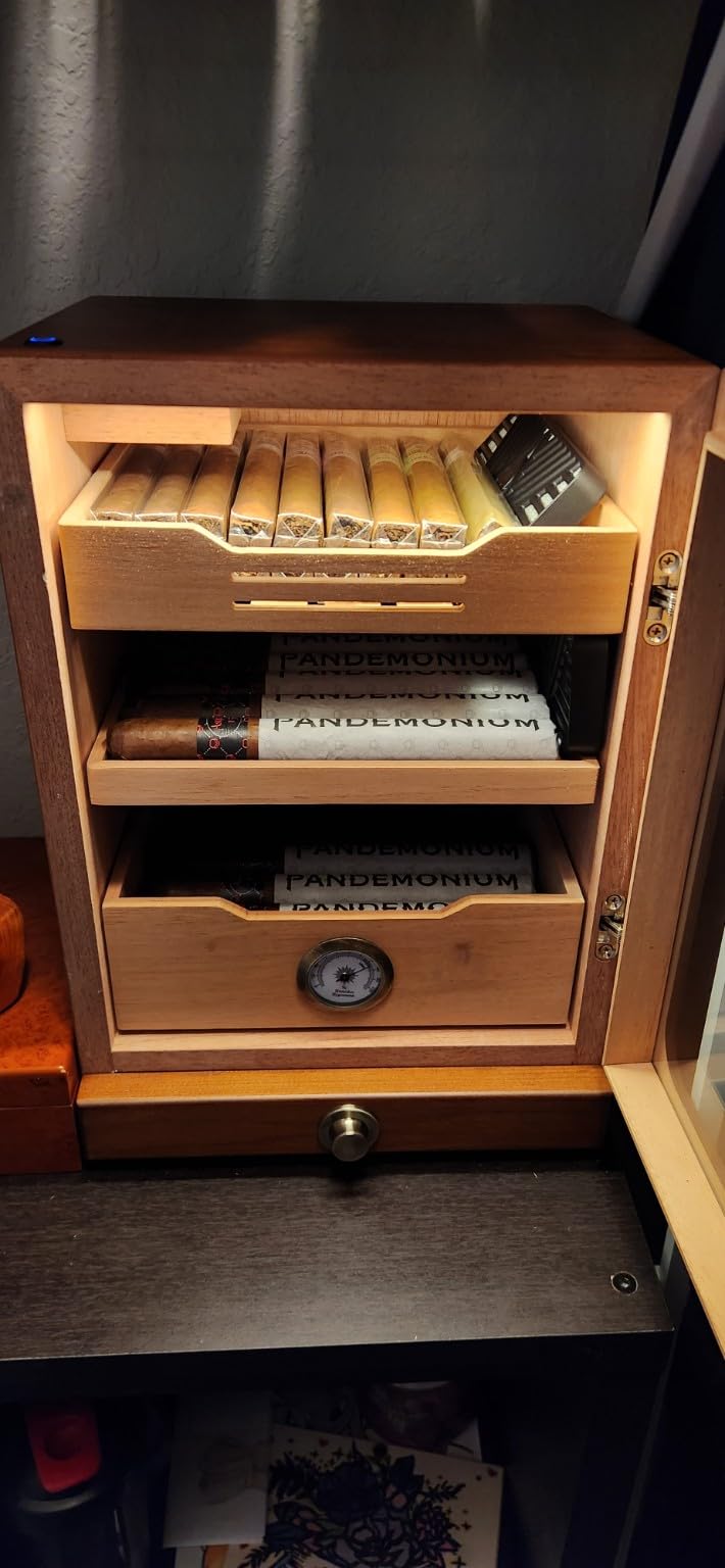 Cigar Humidor, Desktop Cigar Humidor Cabinet Light Control System with Spanish Cedar Wood Shelves, Hygrometer, 3 Humidifiers and Cigar Accessories Drawer, Father's Day Gift for Men customer photo 1