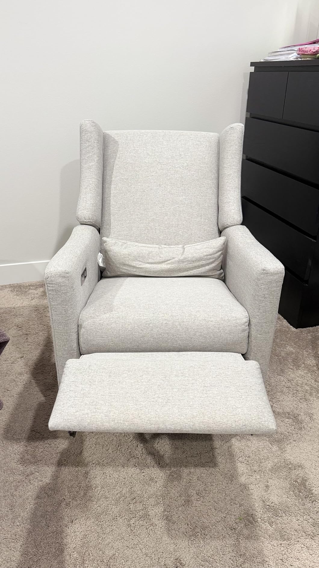 Babyletto Kiwi Glider Recliner Nursery Chair w/USB Ports - GREENGUARD Gold Certified - Water & Stain Resistant Glider Rocking Chair - Electronic, 270° Swivel, Almond Teddy Loop w/Light Wood Base customer photo 2
