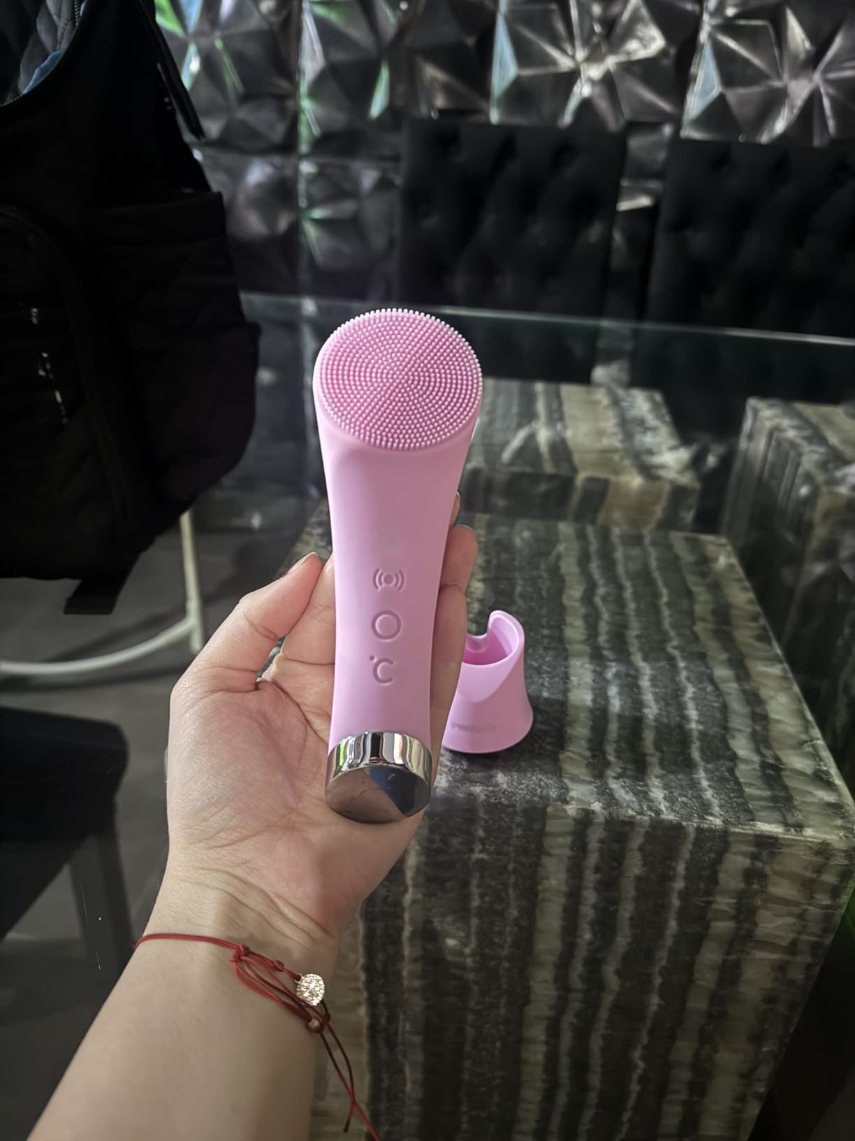 PRITECH Facial Cleansing Brush, Rechargeable Silicone Face Scrubber with Heat Massage End, Vibrating Exfoliator Scrubber for Deep Cleaning, Waterproof Face Brush for Women and Men (Pink) customer photo 2