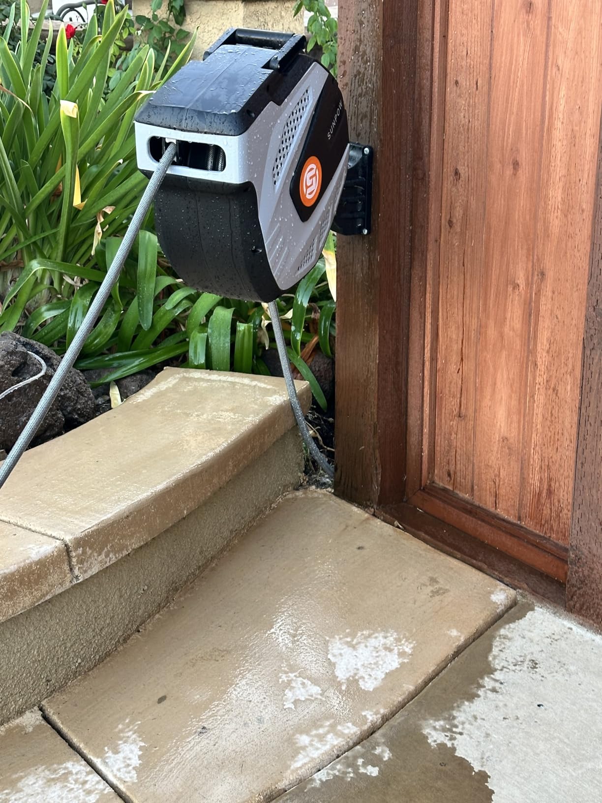 SUNPOW Retractable Garden Hose Reel - 1/2 inch x 50ft Wall Mounted Hose Reel with 3/4 inch Brass Fitting & 10 Function Sprayer Nozzle - Any Length Lock, Auto Rewind System, 180°Swivel Bracket - Grey customer photo 2