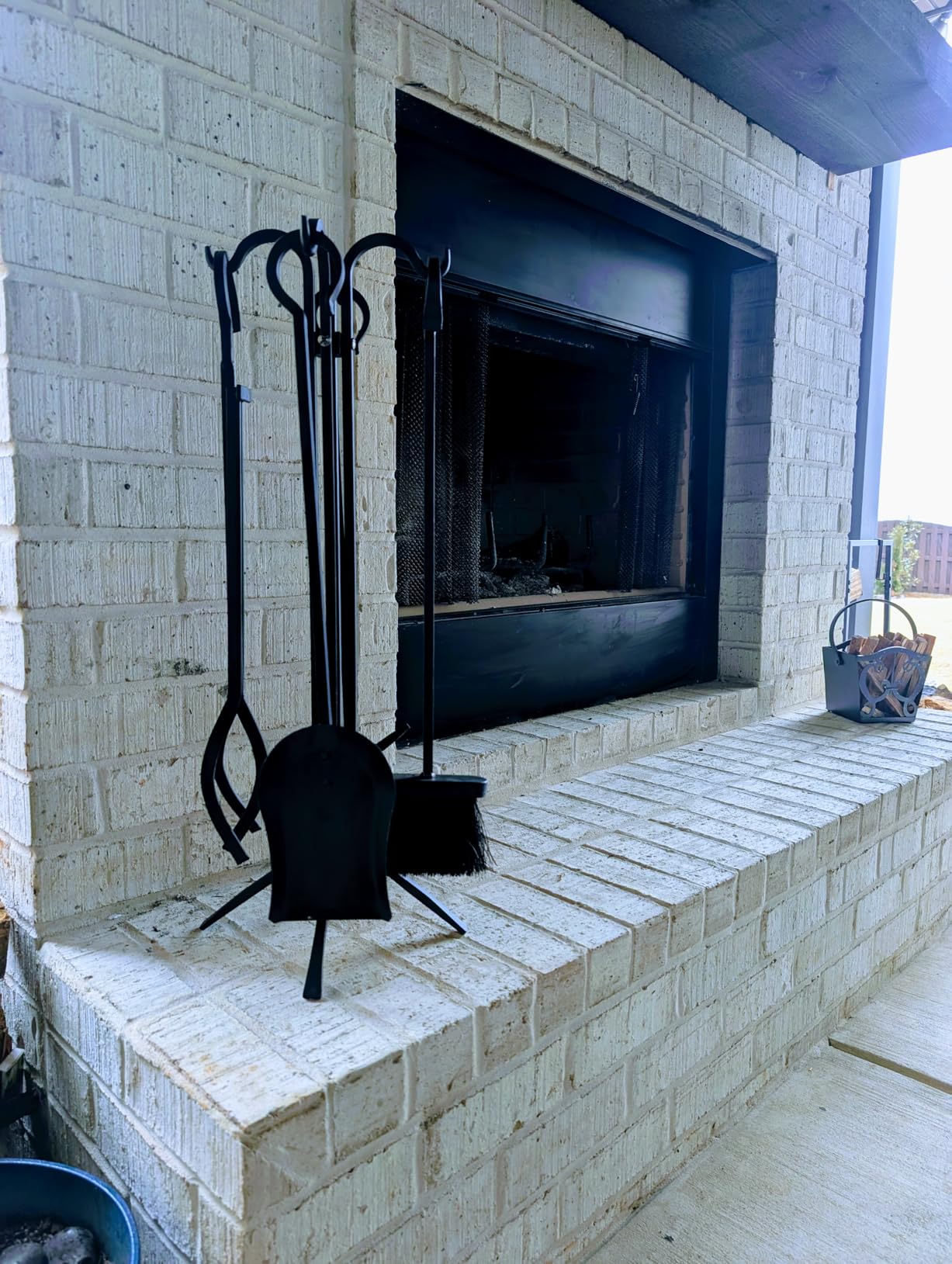 Fireplace Tools Set 5 Piece - Solid Wrought Iron Fire Place Tool Set with Stand, Heavy Duty Indoor Outdoor Fire Pit Accessories Kit, Stable X-Base Black customer photo 1