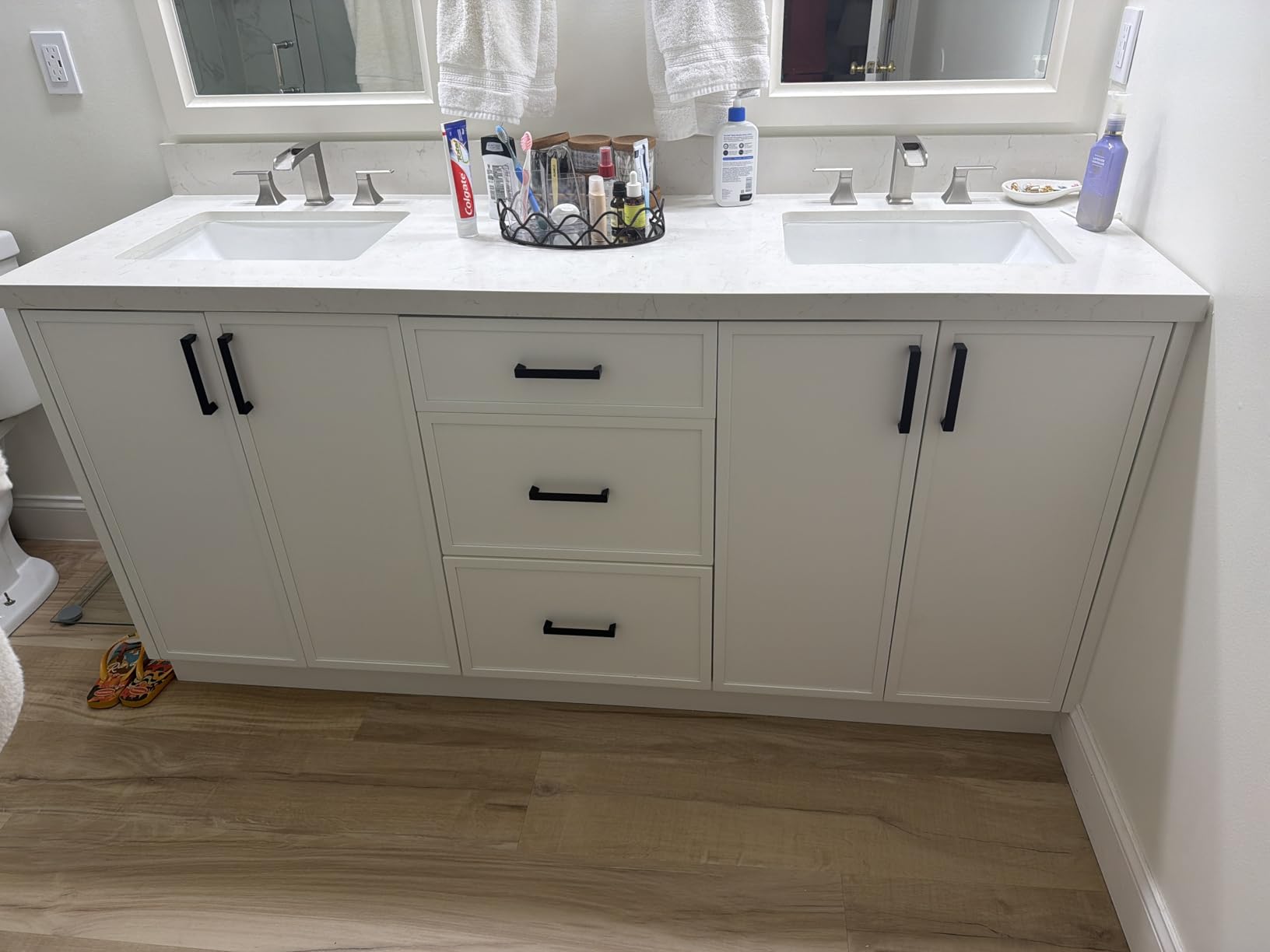 ARIEL Kelly 72-inch Bathroom Vanity with Sink, Solid Wood, 1.5-inch Carrara White Quartz Countertop, Double Rectangular Porcelain Sink, 4 Soft Closing Doors, 5 Dovetail Drawers, White Oak customer photo 1