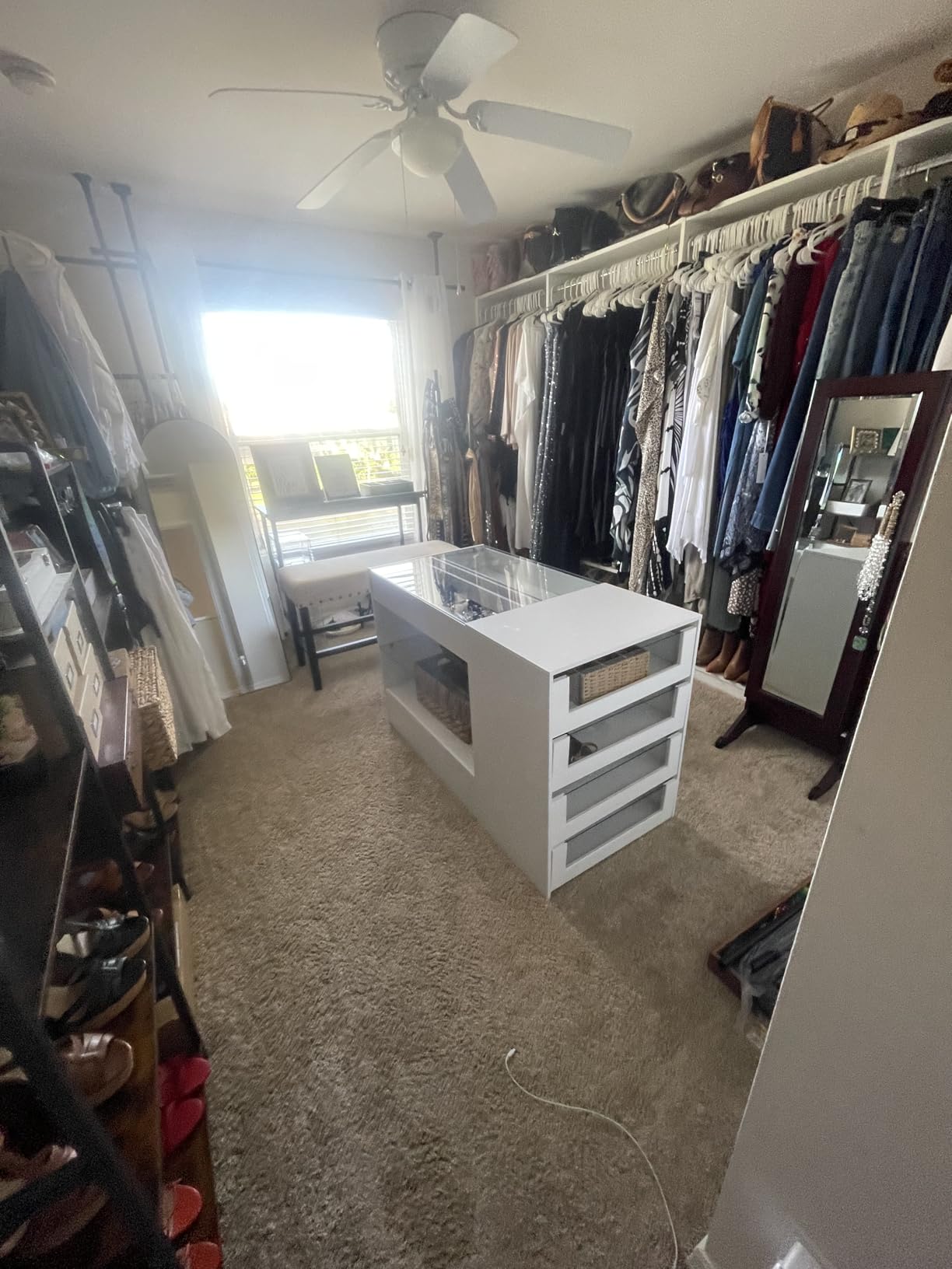 Armoire Bedroom Island Wardrobe Closet Island with 8 Drawers & Glass Tabletop, Walk in Closet Island with Drawers, Island Dresser with Display Shelf, for Bedroom White 47.2