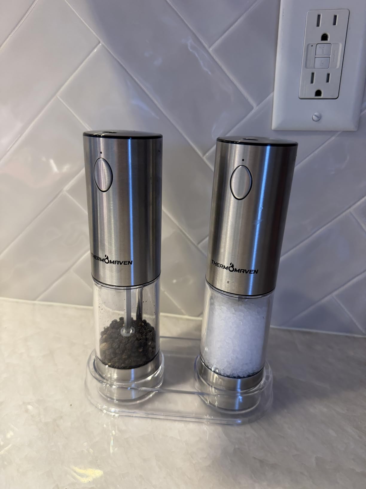 ThermoMaven Upgraded Larger Capacity Electric Salt and Pepper Grinder Set, 110ml Rechargeable Salt and Pepper Shaker with LED light, Stainless Steel Automatic Pepper Mill with 6 Adjustable Coarseness customer photo 2
