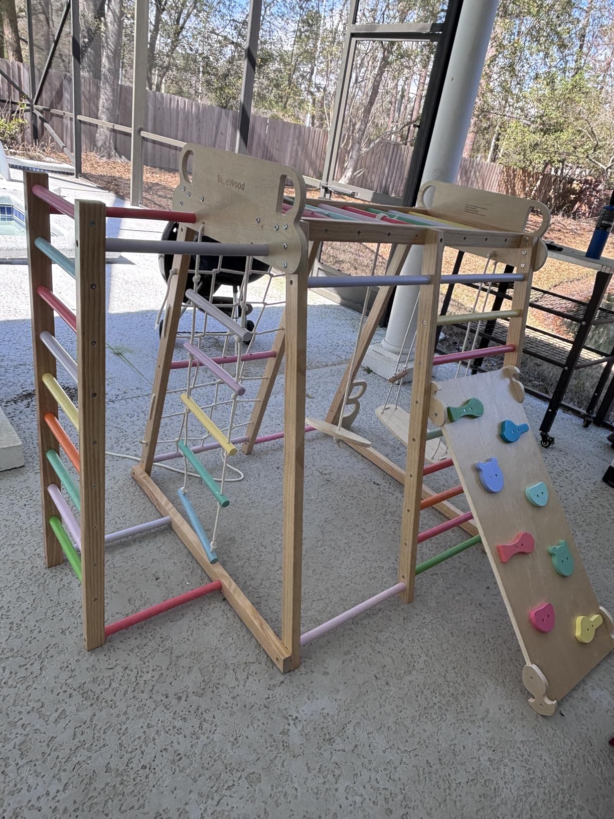 Upgraded Indoor Playground 9-in-1 Jungle Gym Kids Climbing Toys, Montessori Philosophy Waldorf Style Wooden Climber Playset with Slide, Swing, Monkey Bars, Upright/Rope Ladder, Climb Net, Rainbow customer photo 2
