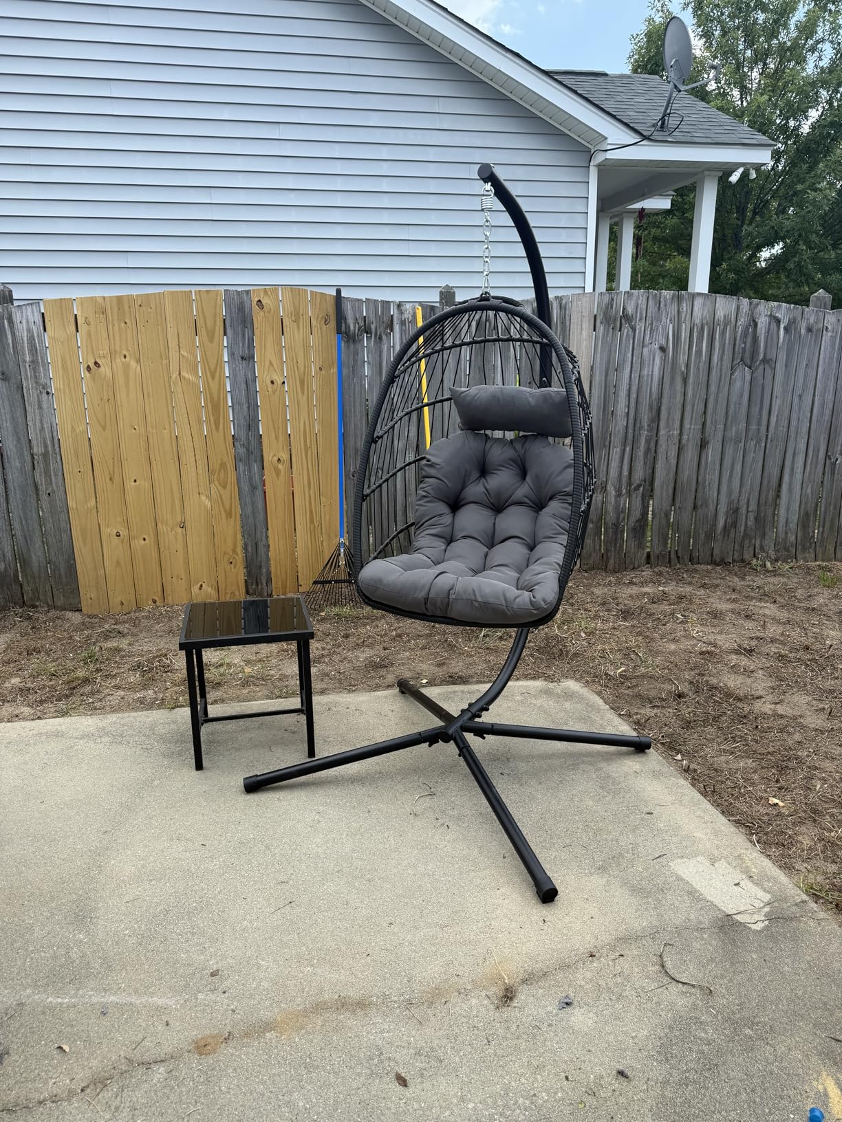LEVELEVE Egg Chair with Stand, Patio Rattan Wicker Hanging Swing Egg Chair Hammock Chair for Bedroom Porch Garden, Thickened Aluminum Alloy Steel Frame and UV Resistant Cushion, 350LBS Capacity(Grey) customer photo 1