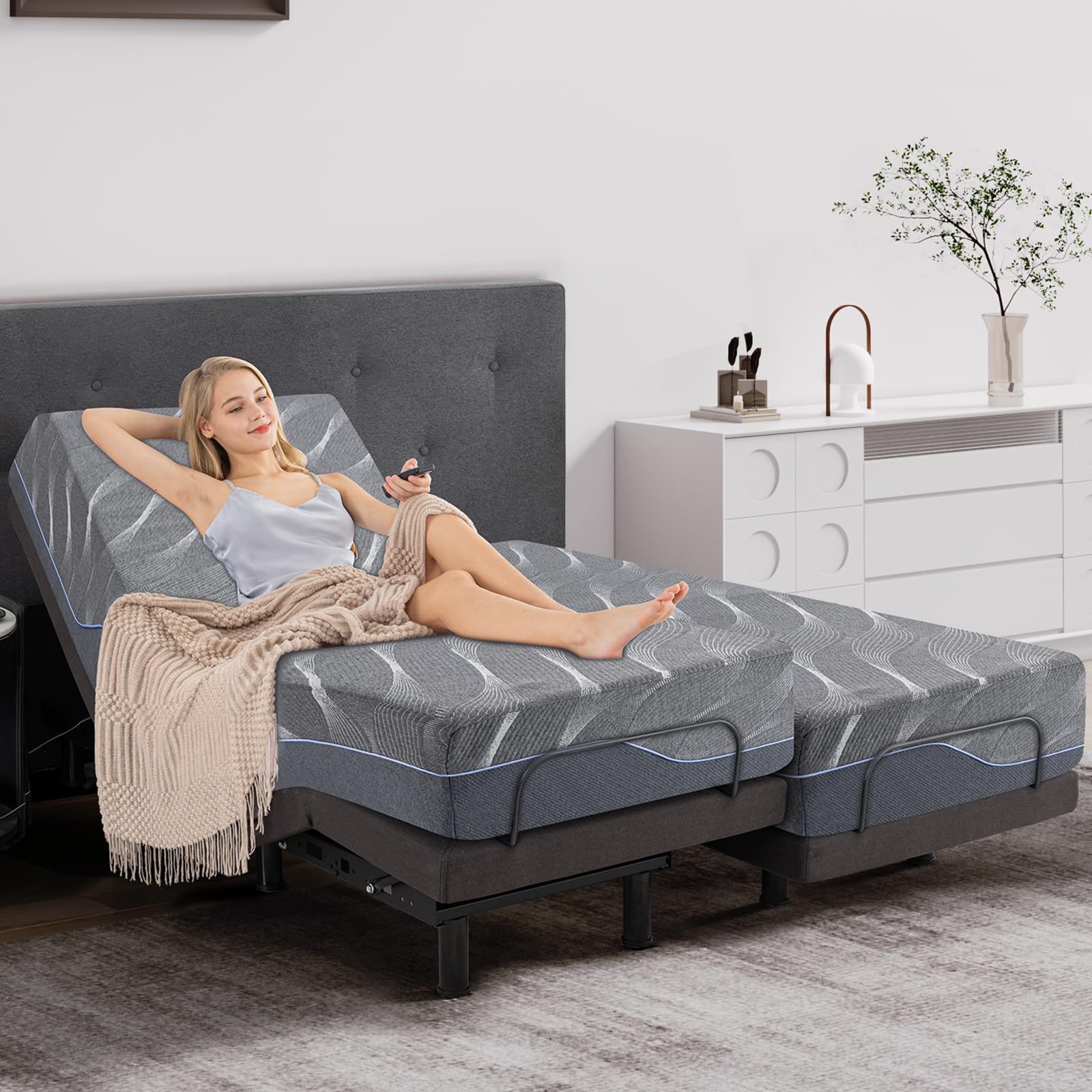 Split King Adjustable Bed Frame with Massage, 12 Inch Gray Gel Memory Foam Medium-Firm Mattress in Box, Adjustable Bed Base with Thickened Foam Frame, Adjustable legs,0 Gravity/Anti-Snore,Smart Bed customer photo 1