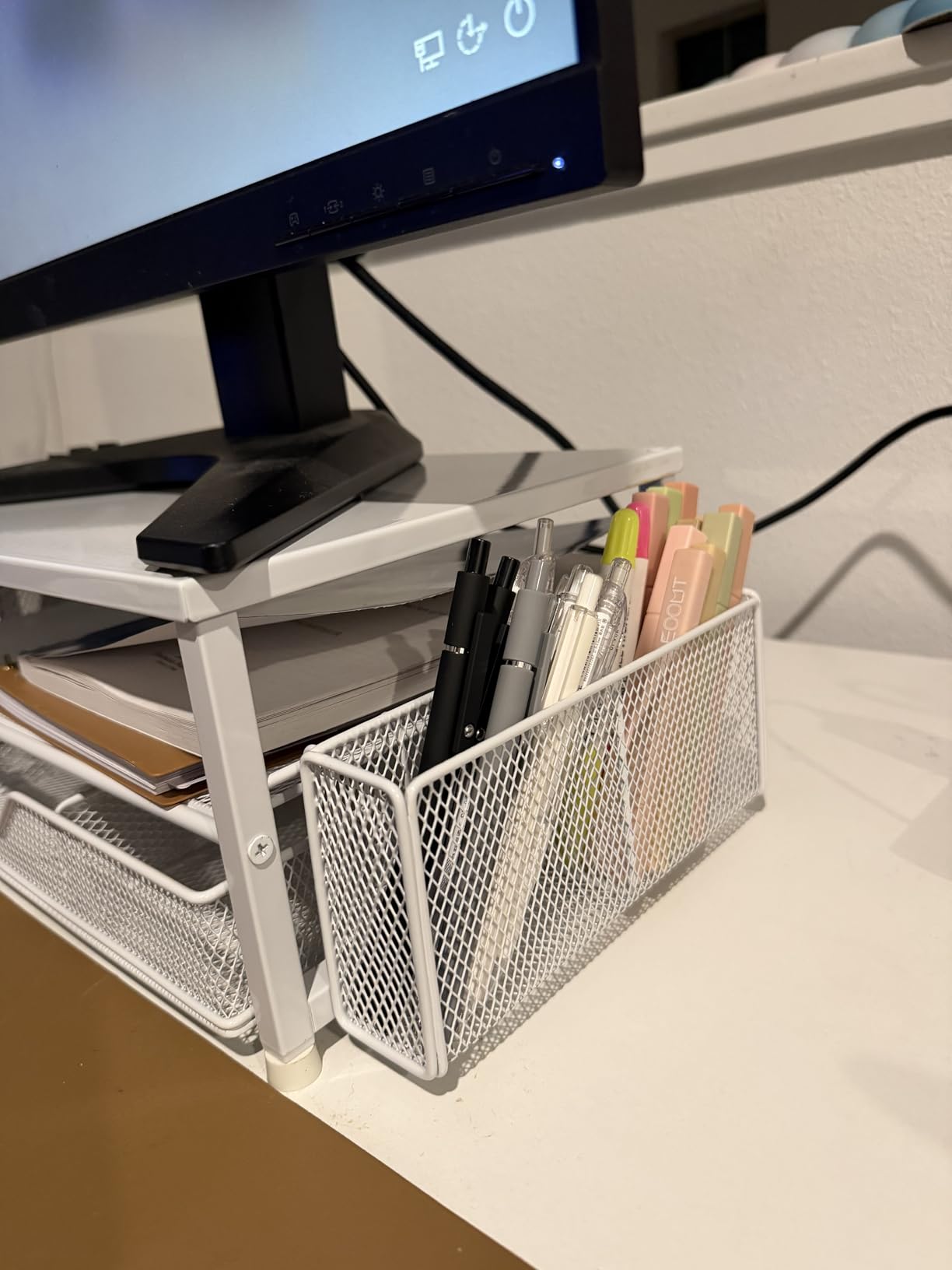 OPNICE Desk Organizer and Accessories, 2-Tier Computer Monitor Stand Riser with Drawer and 2 Pen Holders, Laptop Stand, Office Desk Accessories for Office Supplies, Black customer photo 2