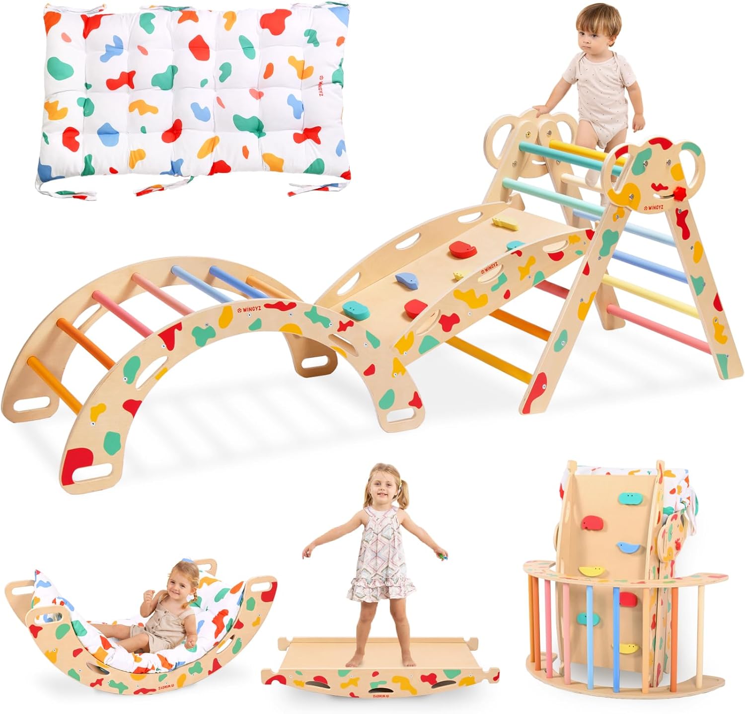 Tiny Land Pikler Triangle Set, 7-in-1 Foldable Pikler Triangle Climbing Toys Set for Kids,Baby Indoor Playground Jungle Gym, Wooden Montessori Climbing Set for Toddler (Rainbow) customer photo 1