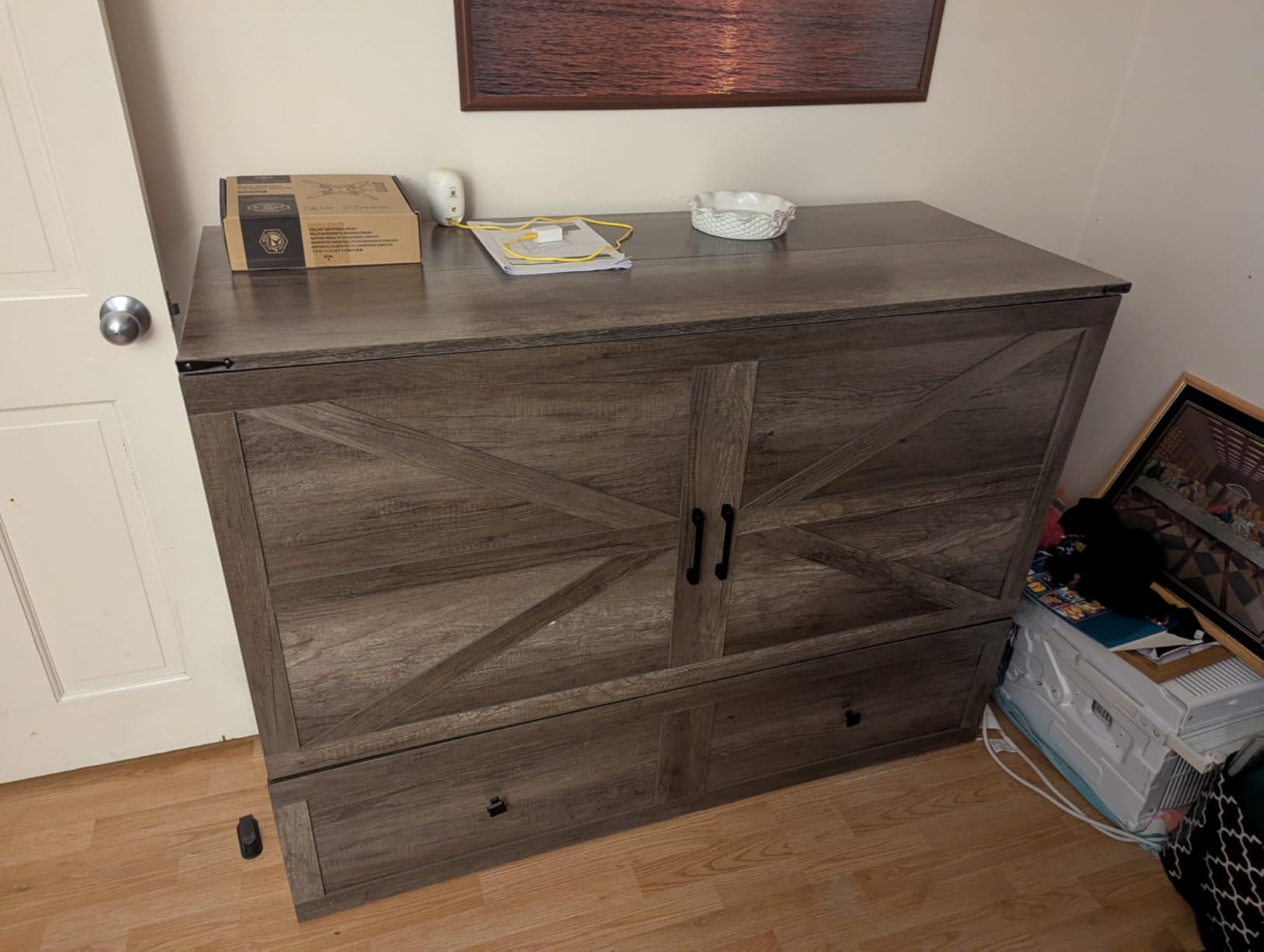 AMERLIFE Queen Murphy Bed with Storage & Charging Station, Farmhouse Murphy Cabinet with Foldable Panel, for Guest Bedroom, Living Room, Office customer photo 1