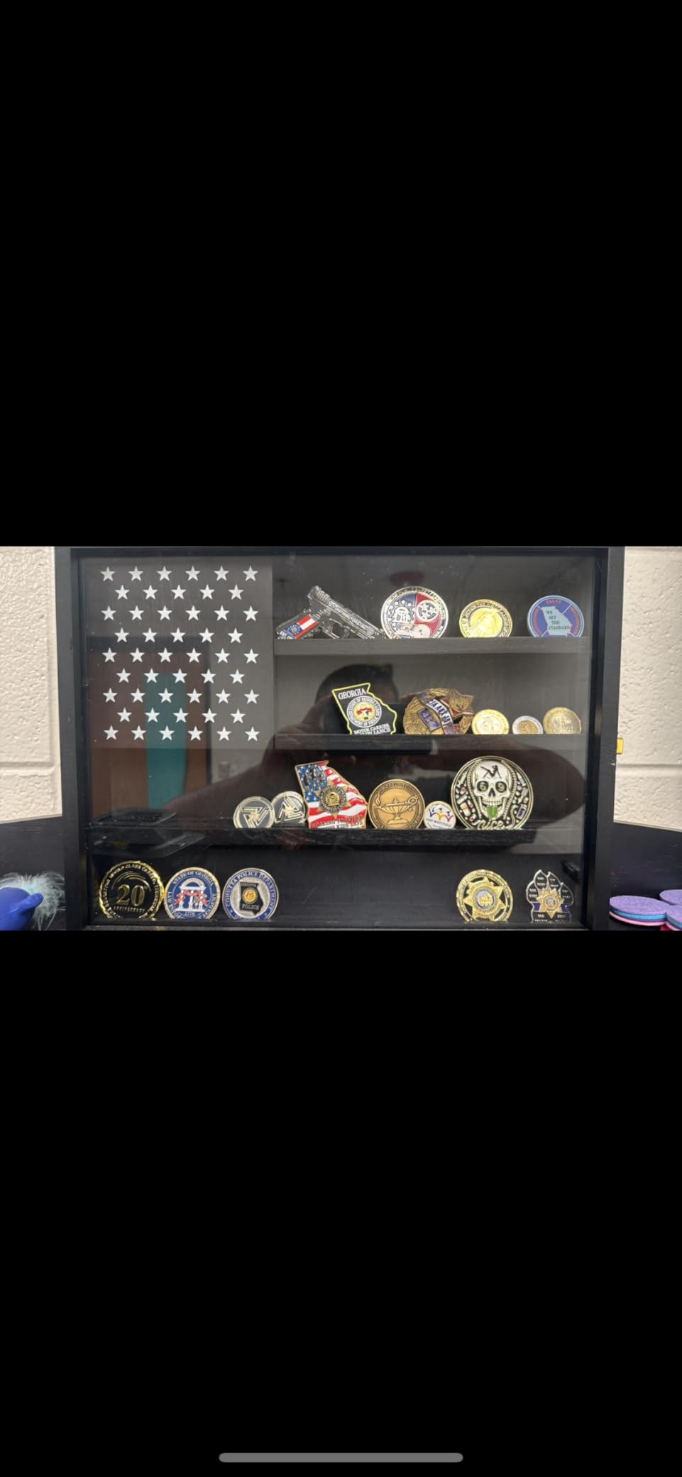 Military Challenge Coin Display Case, 16x12 Wooden American Flag Medal Shadow Box with Anti-Fade UHD Acrylic Door, Gold-Antitheft Lock, 2 Groove Shelves and Wall Mount (Black) customer photo 1