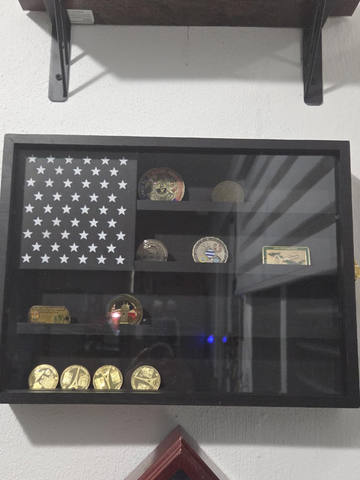 Military Challenge Coin Display Case, 16x12 Wooden American Flag Medal Shadow Box with Anti-Fade UHD Acrylic Door, Gold-Antitheft Lock, 2 Groove Shelves and Wall Mount (Black) customer photo 2