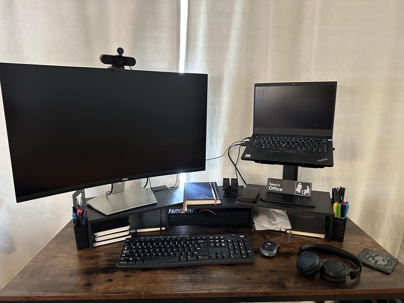 gianotter Dual Monitor Stand Riser, Desk Organizer With Drawer and 2 Pen Holders, Computer Monitor Stand, Shelf for Top of Desk, Black customer photo 2