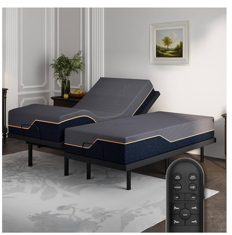 Split King Adjustable Bed Frame with 14 inch Cooling Copper Memory Foam Mattress, Wireless Remote & Head and Foot Incline, CertiPUR-US Certified & Fiberglass Free, Zero Gravity, 80