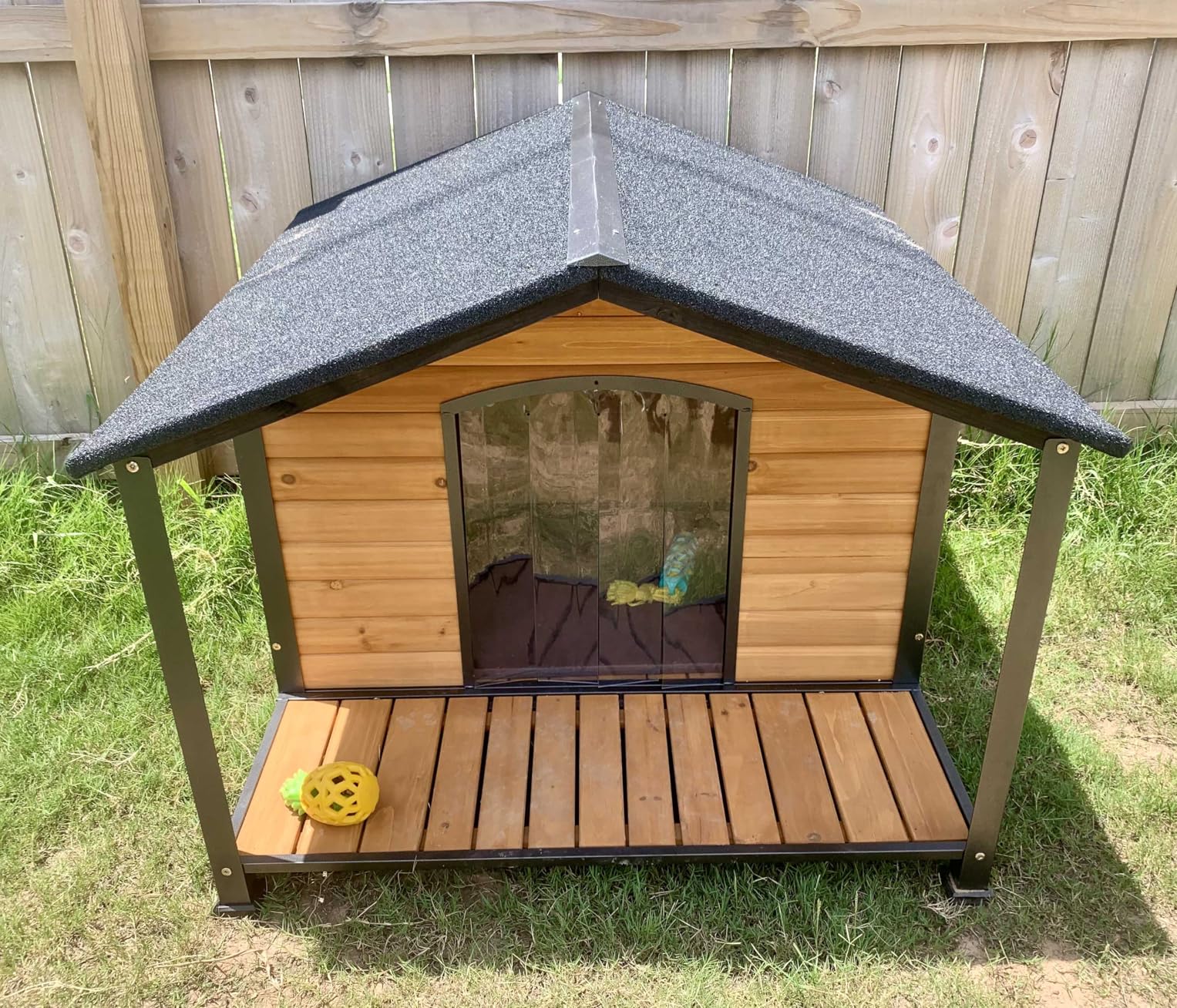 Heated Dog House Outdoor with Insulated Liner, Weatherproof Wooden Dog Shelter for Medium and Large Sized Dogs, Iron Frame Indoor Outdoor Kennel, Pets Warm House in Winter with Large Porch (Brown, M) customer photo 2