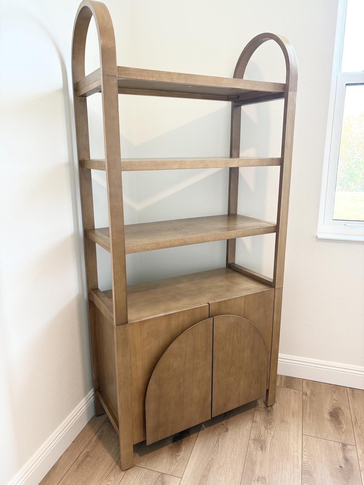 Nathan James Iris 3 Tier Bookshelf, Arched Bookcase Cabinet, Solid Wood Bookcase with Cabinet Base, Boho Bookshelf in Raw Oak Finish customer photo 2