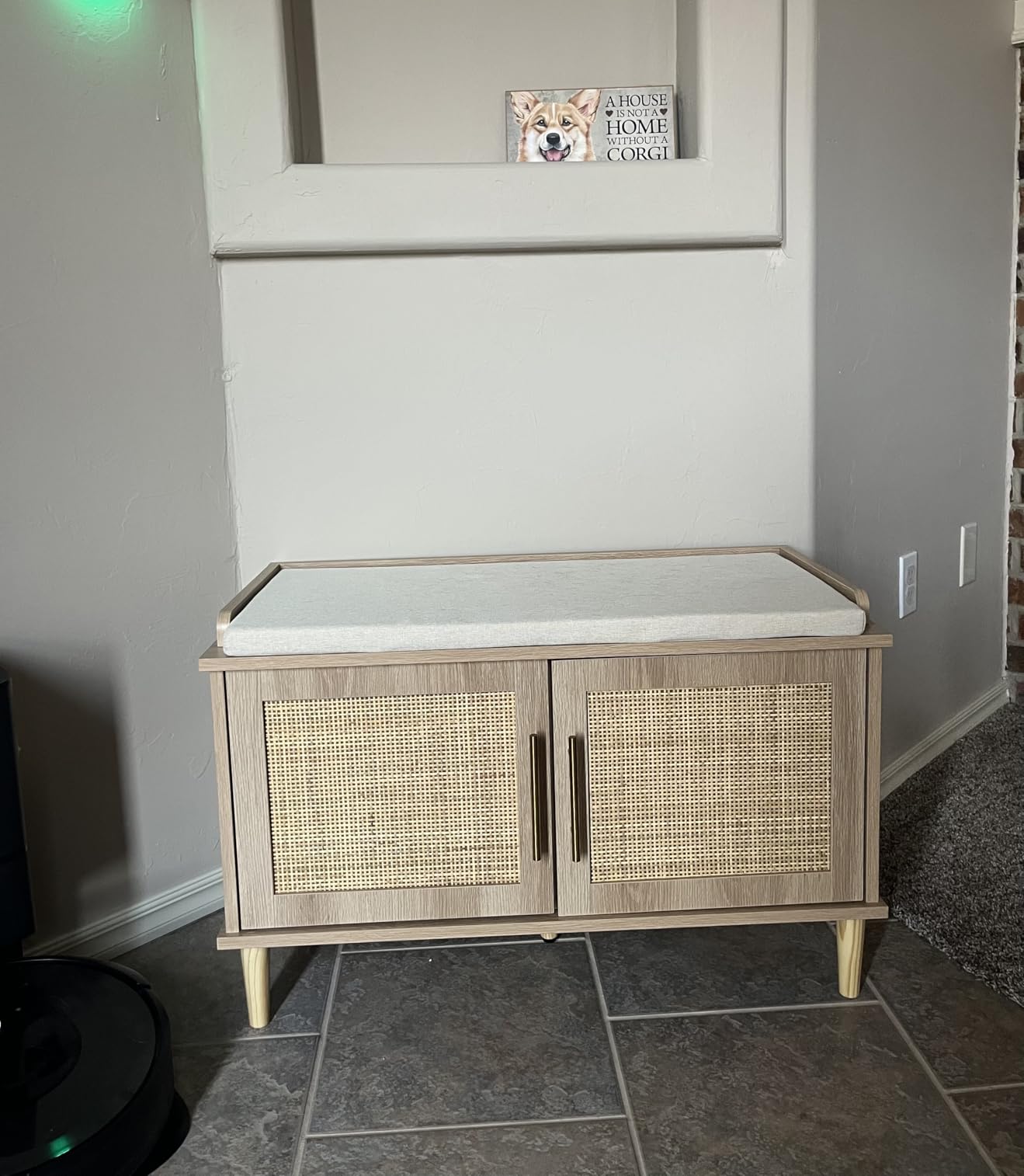 Rattan Shoe Storage Bench with Cushion, 2-Tier Entryway Bench with Adjustable Shelves and 2 Doors, 15
